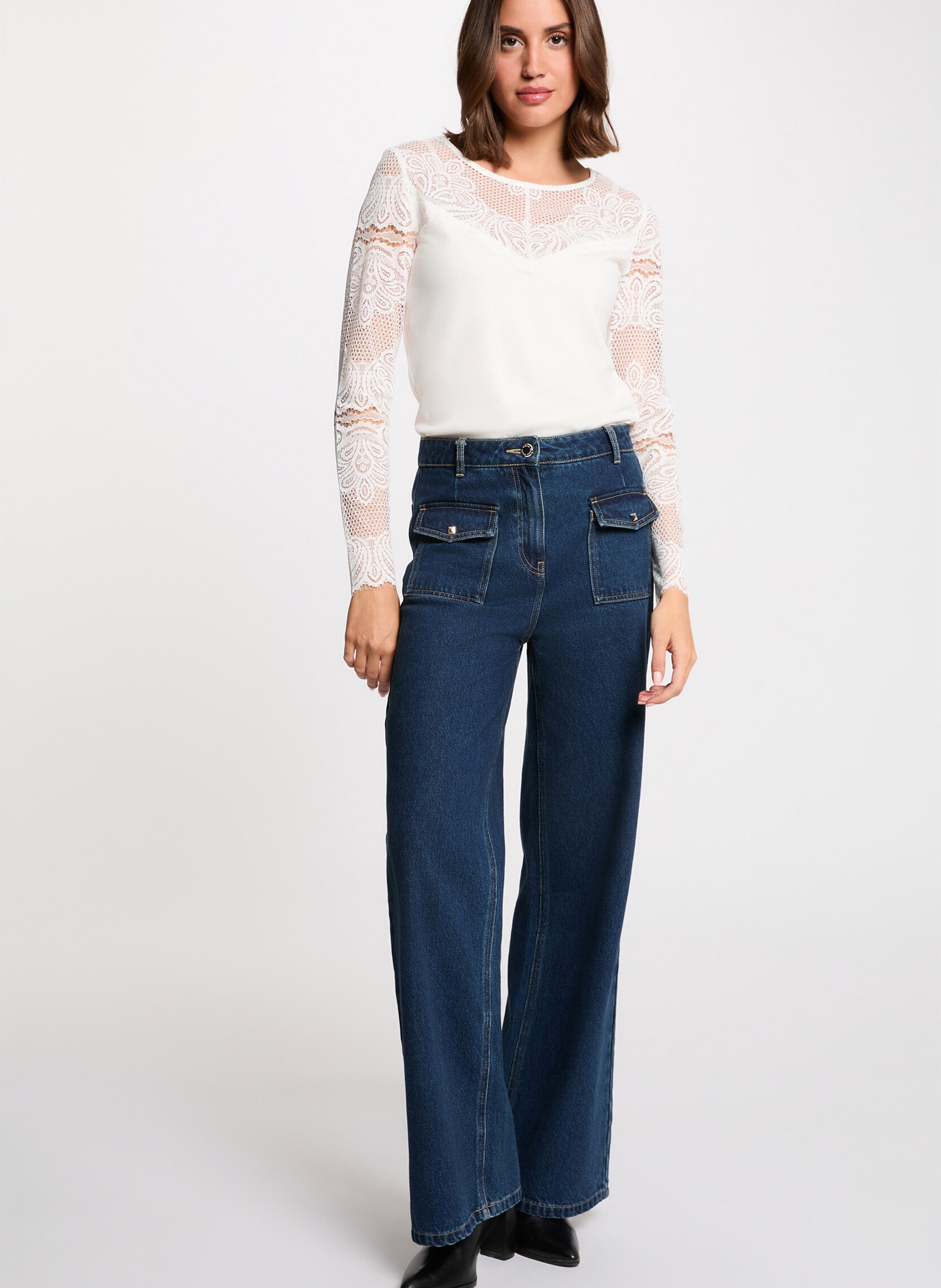 Tee-shirt manches longues en dentelle MORGAN Blanc