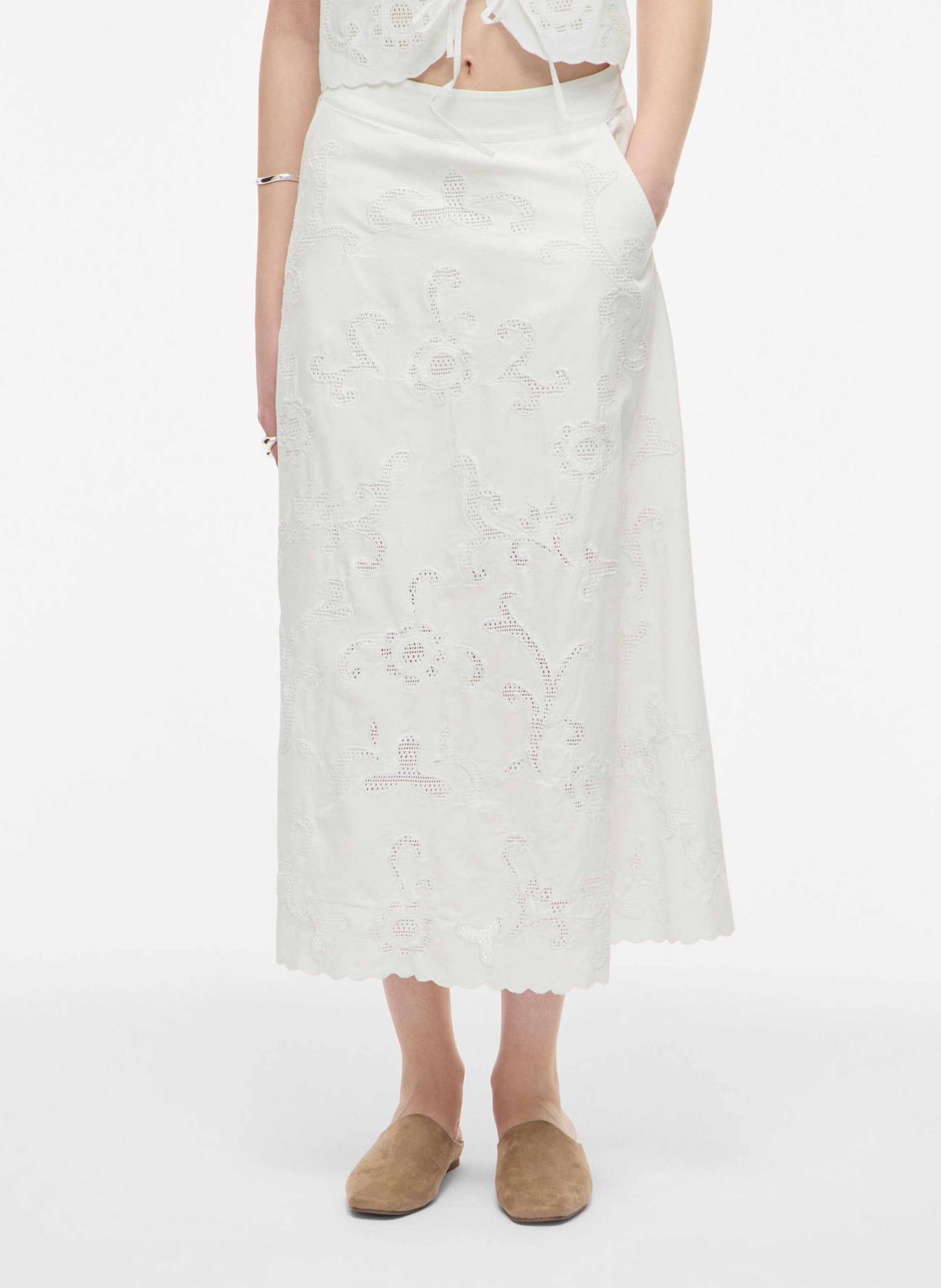 Jupe longue brodée en coton bio ROUGE EDIT Beige