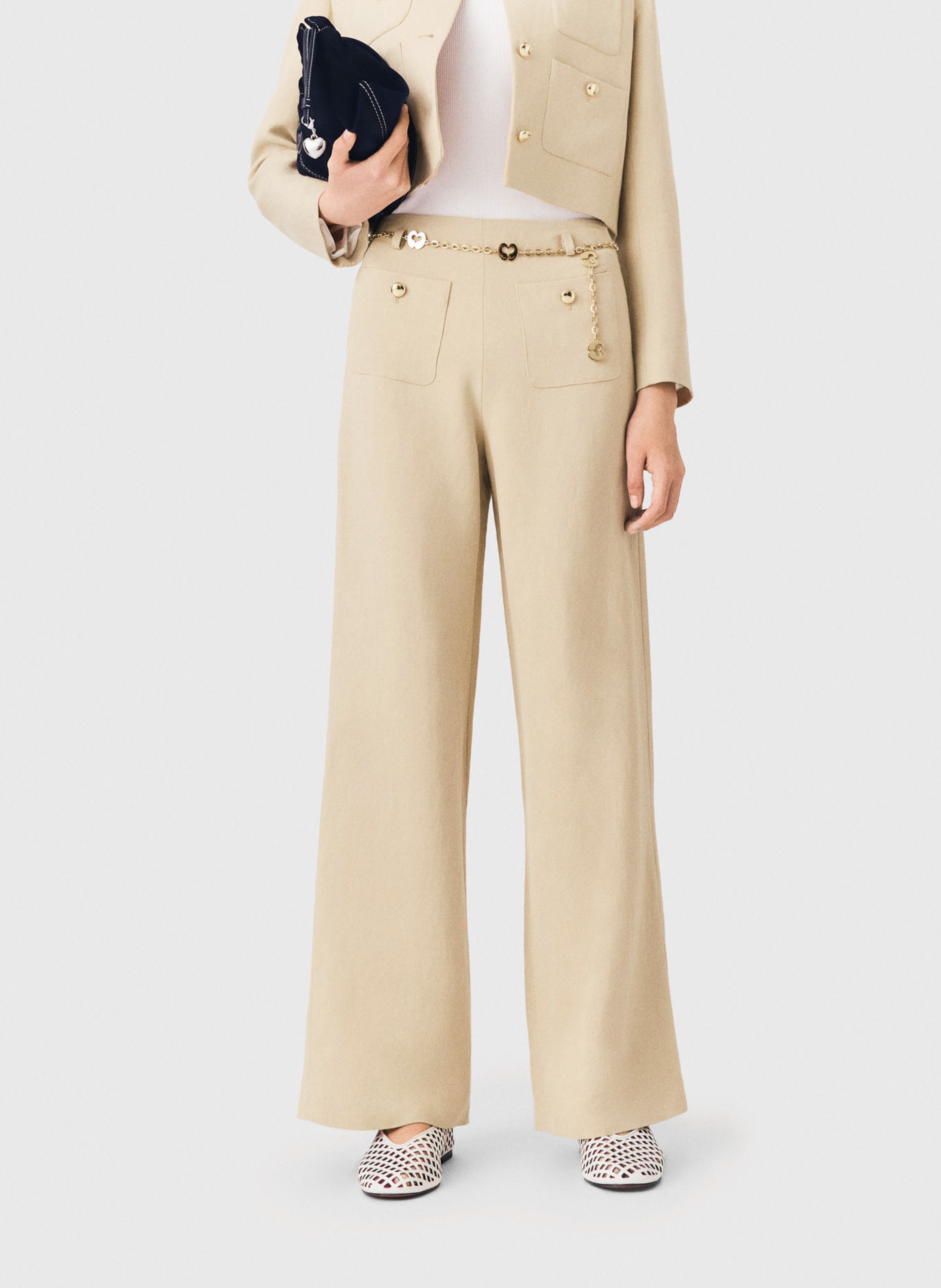 Pantalon large taille mi-haute MAJE Beige