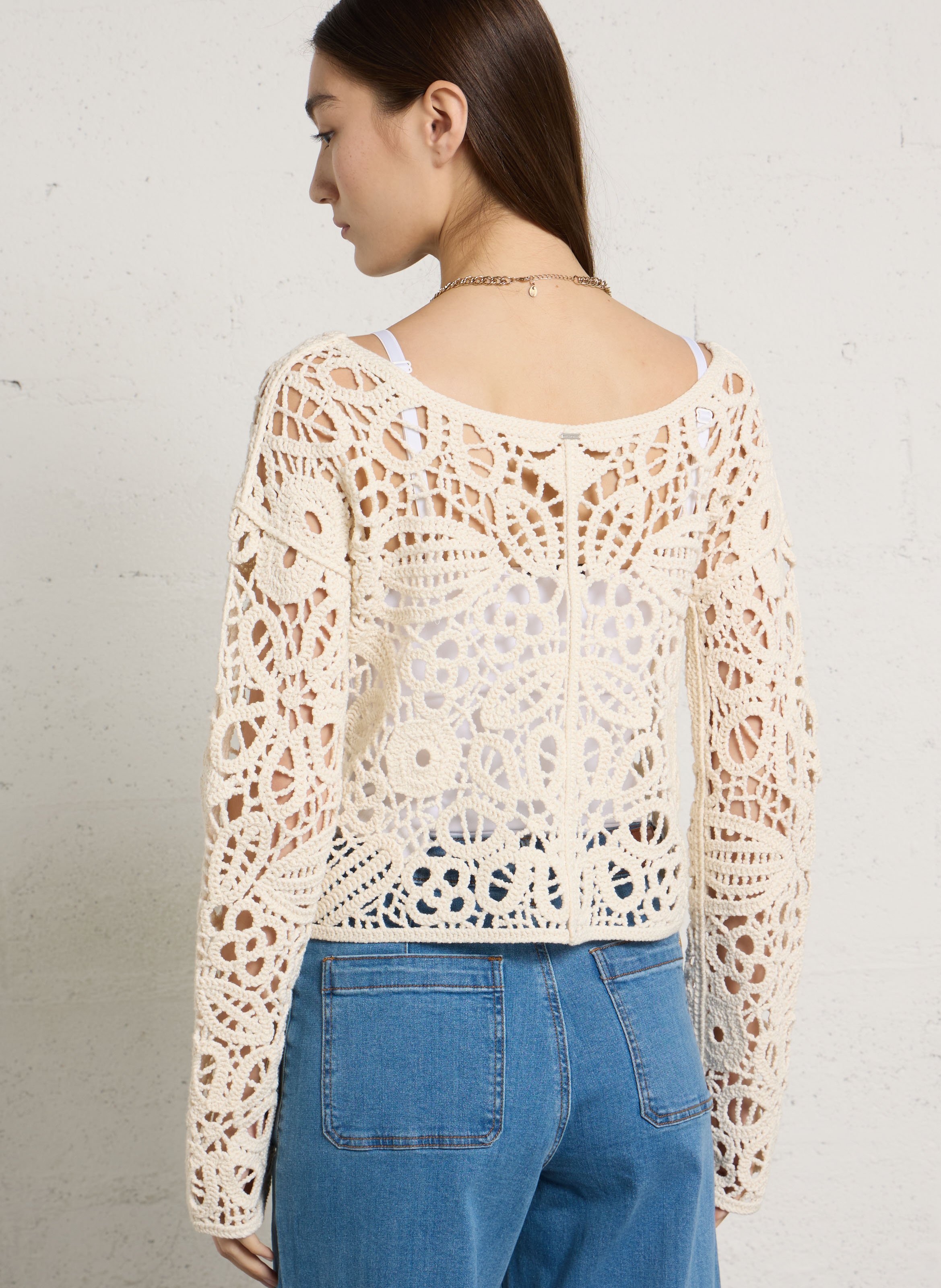 Cardigan droit col rond en coton mélangé IKKS Blanc