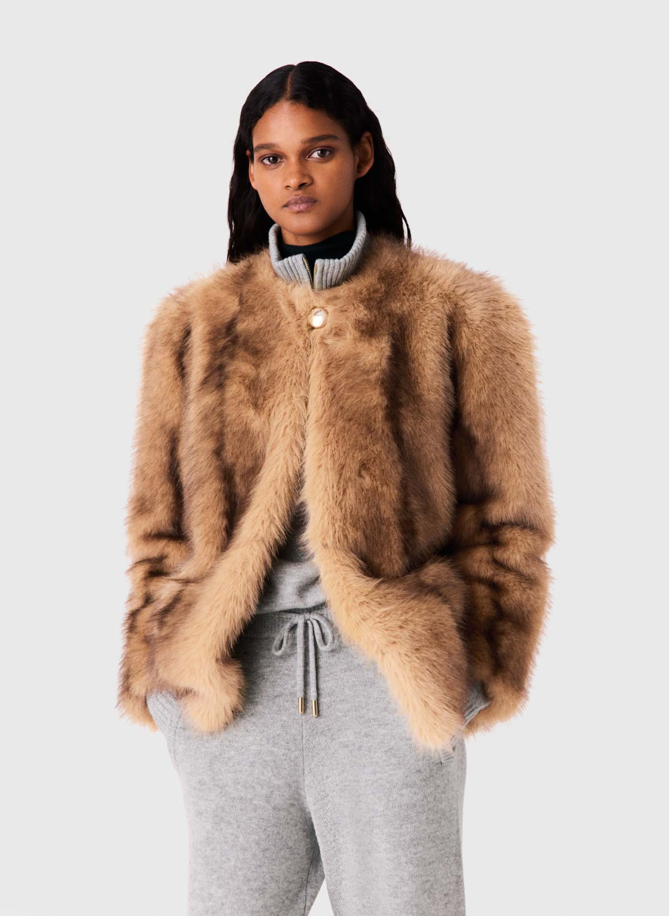 Manteau droit effet fourrure MAJE Beige