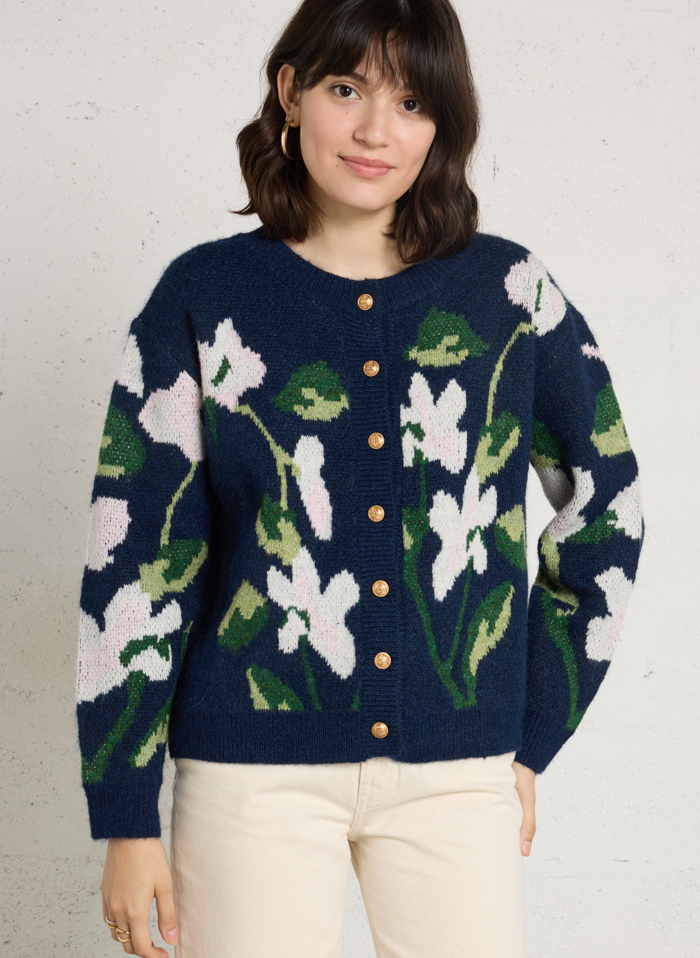 Weiter Cardigan mit Rundhalsausschnitt und Print THE KORNER Blau