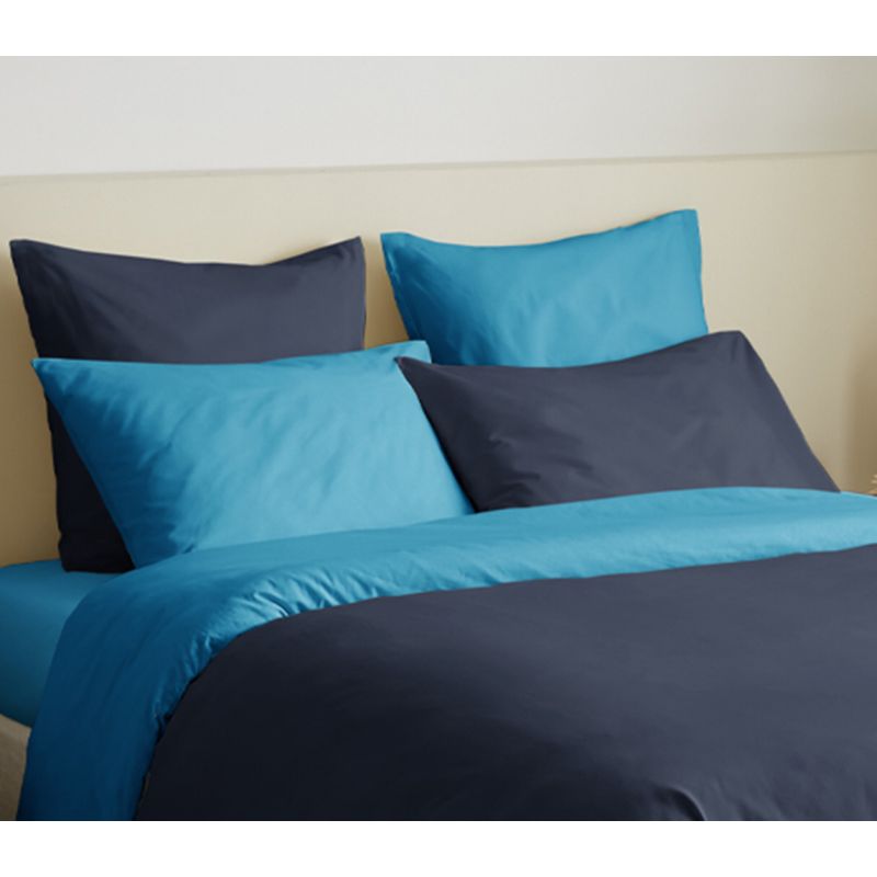 Complete set 6 pieces navy/turquoise reversible duvet cover for bed 160 x 200 cm COTON PUR Blue