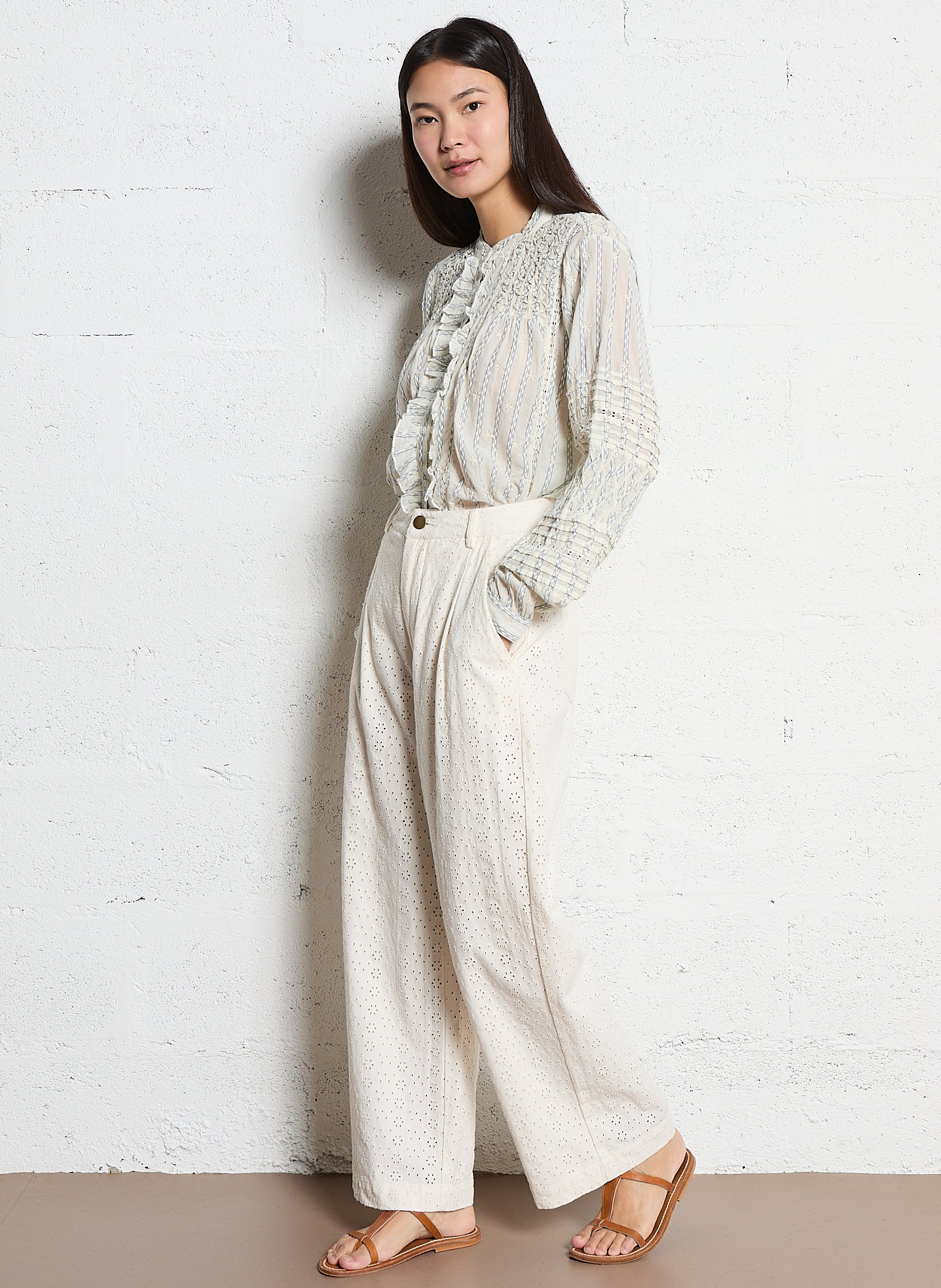 Chemise droite col rond en coton imprimé MAISON HOTEL Blanc