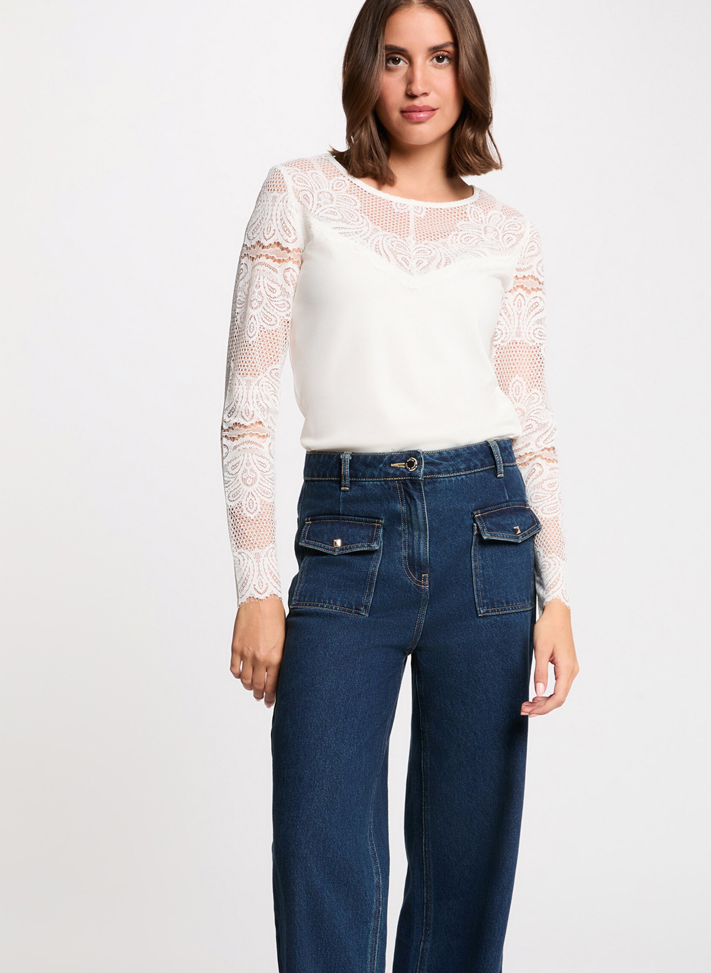 Tee-shirt manches longues en dentelle MORGAN Blanc