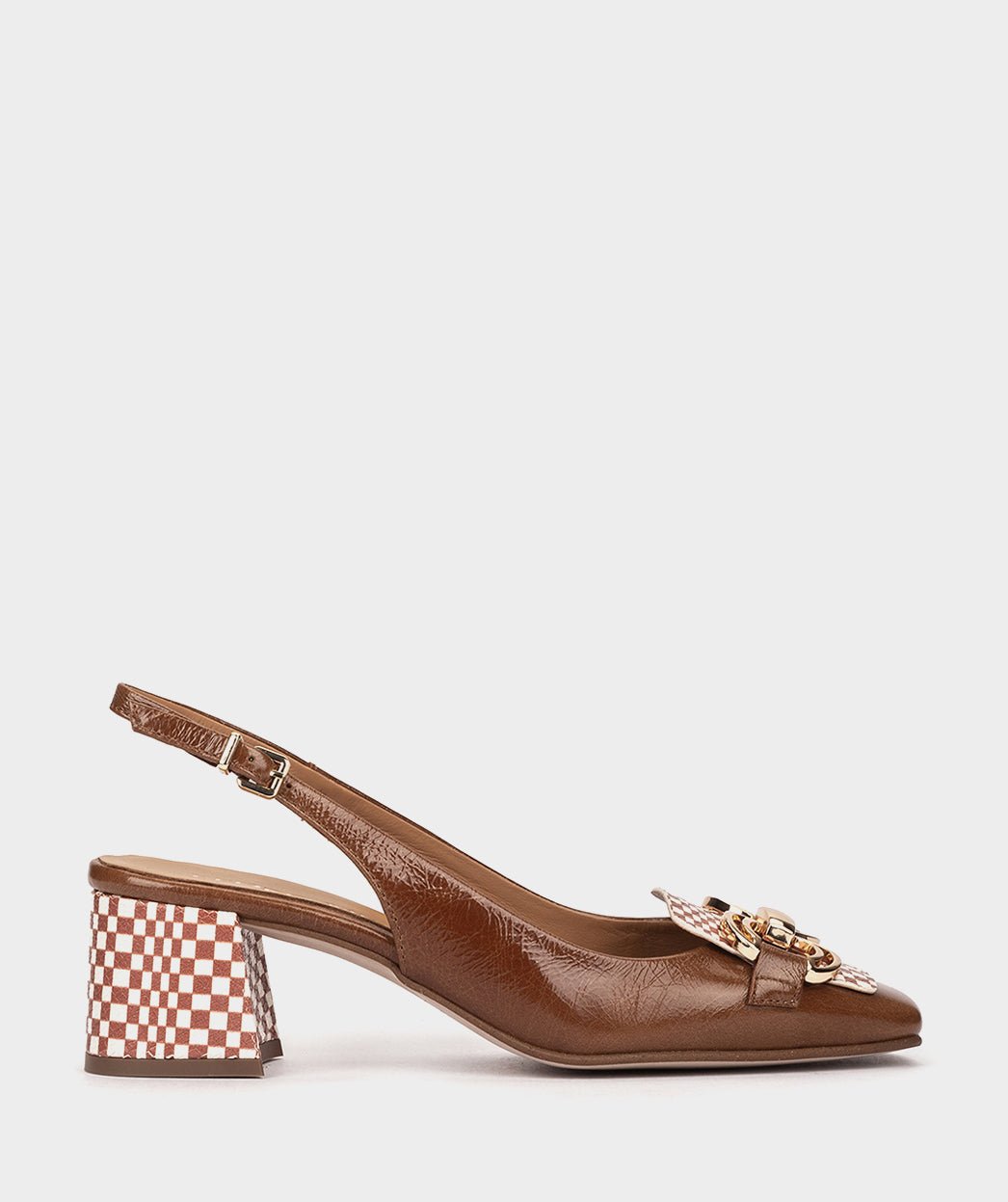 <p>High-heeled brown patent leather shoes, with an open back.</p> PEDRO MIRALLES Brown