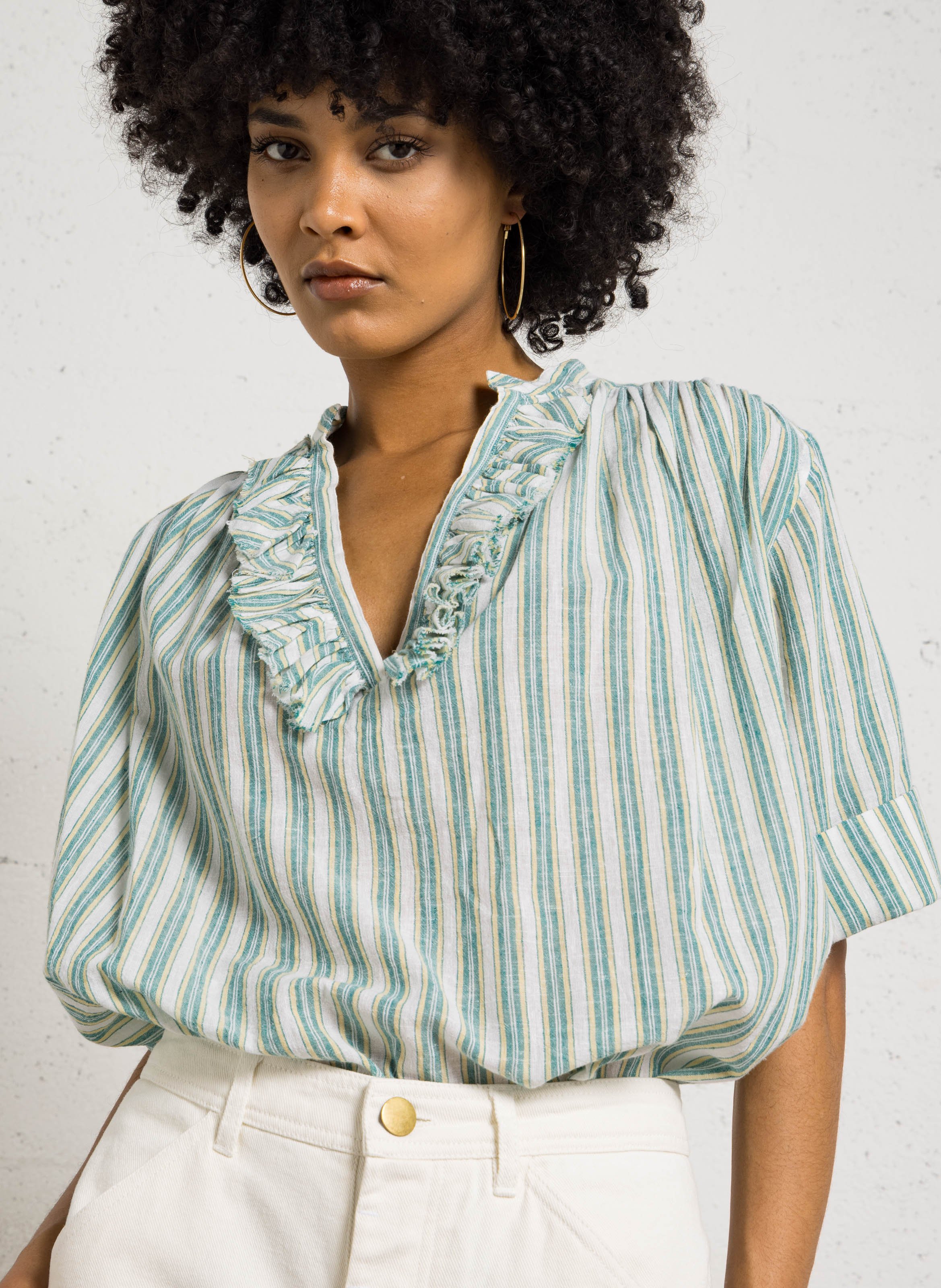 Loose-fitting striped Tunisian collar blouse LAURENCE BRAS Green