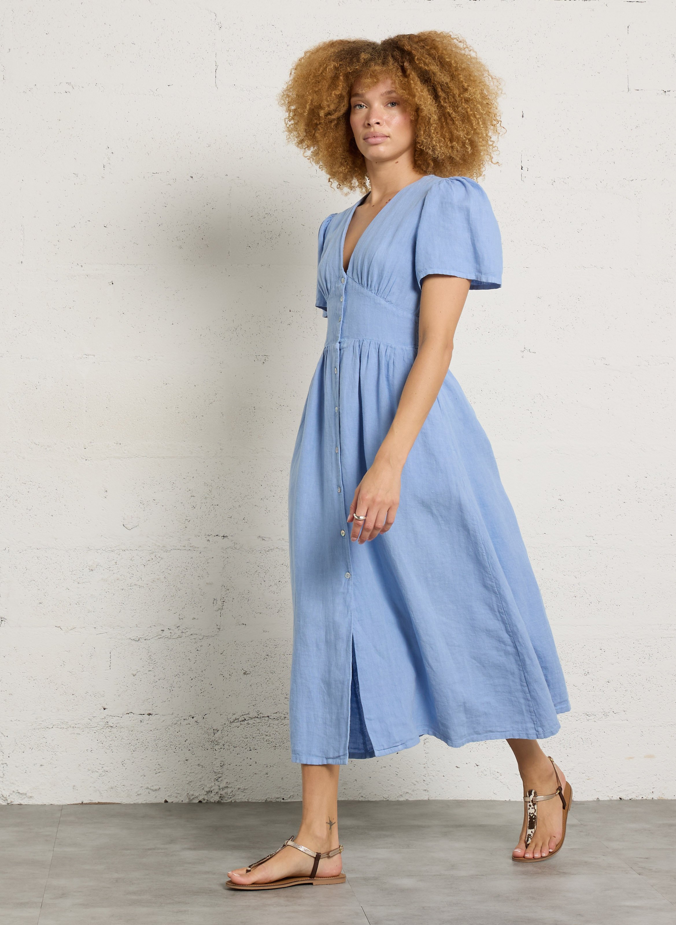 Lange jurk van linnen met V-hals THE NEW SOCIETY Blauw