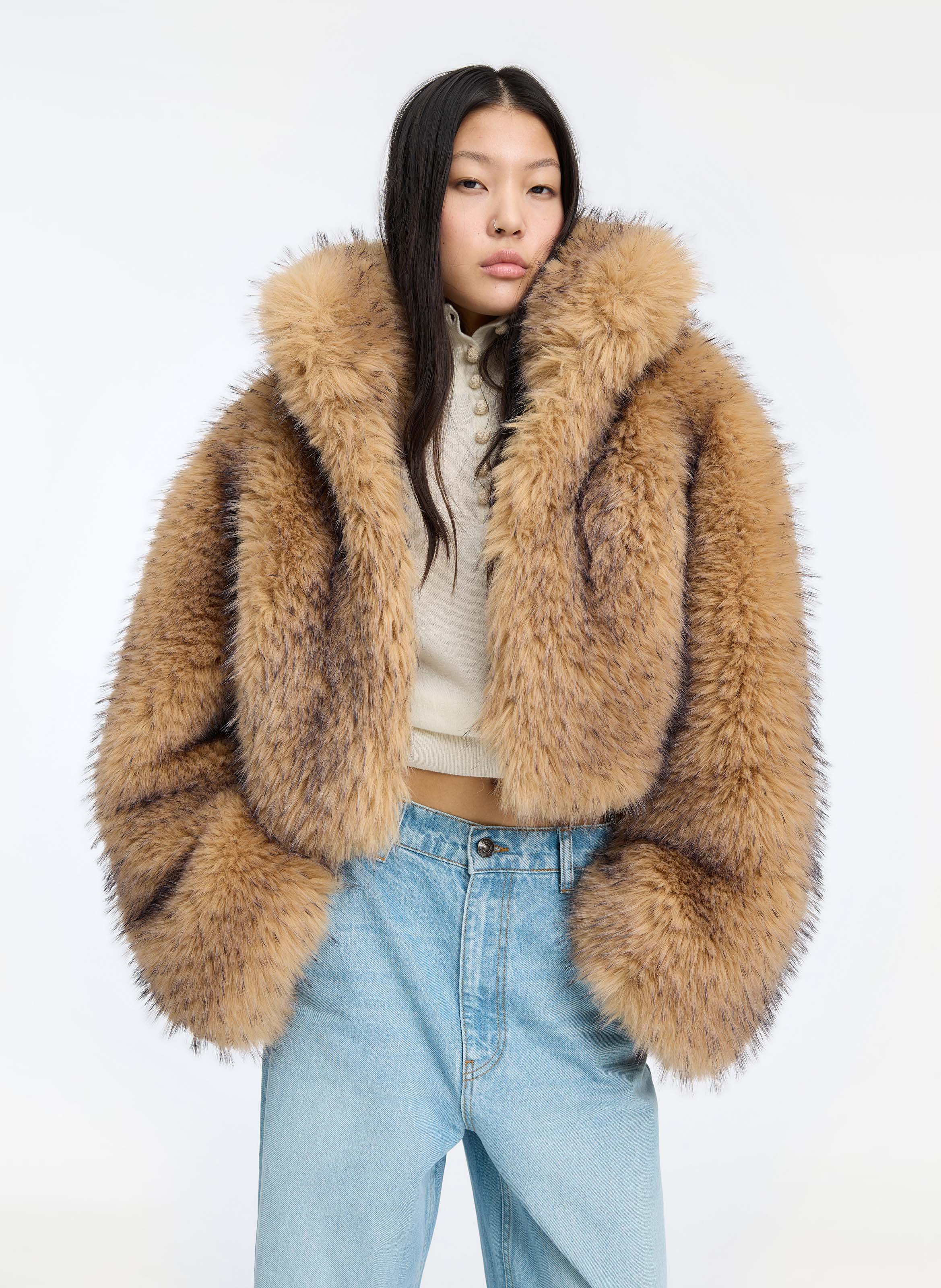 High-neck faux fur coat ROTATE Beige