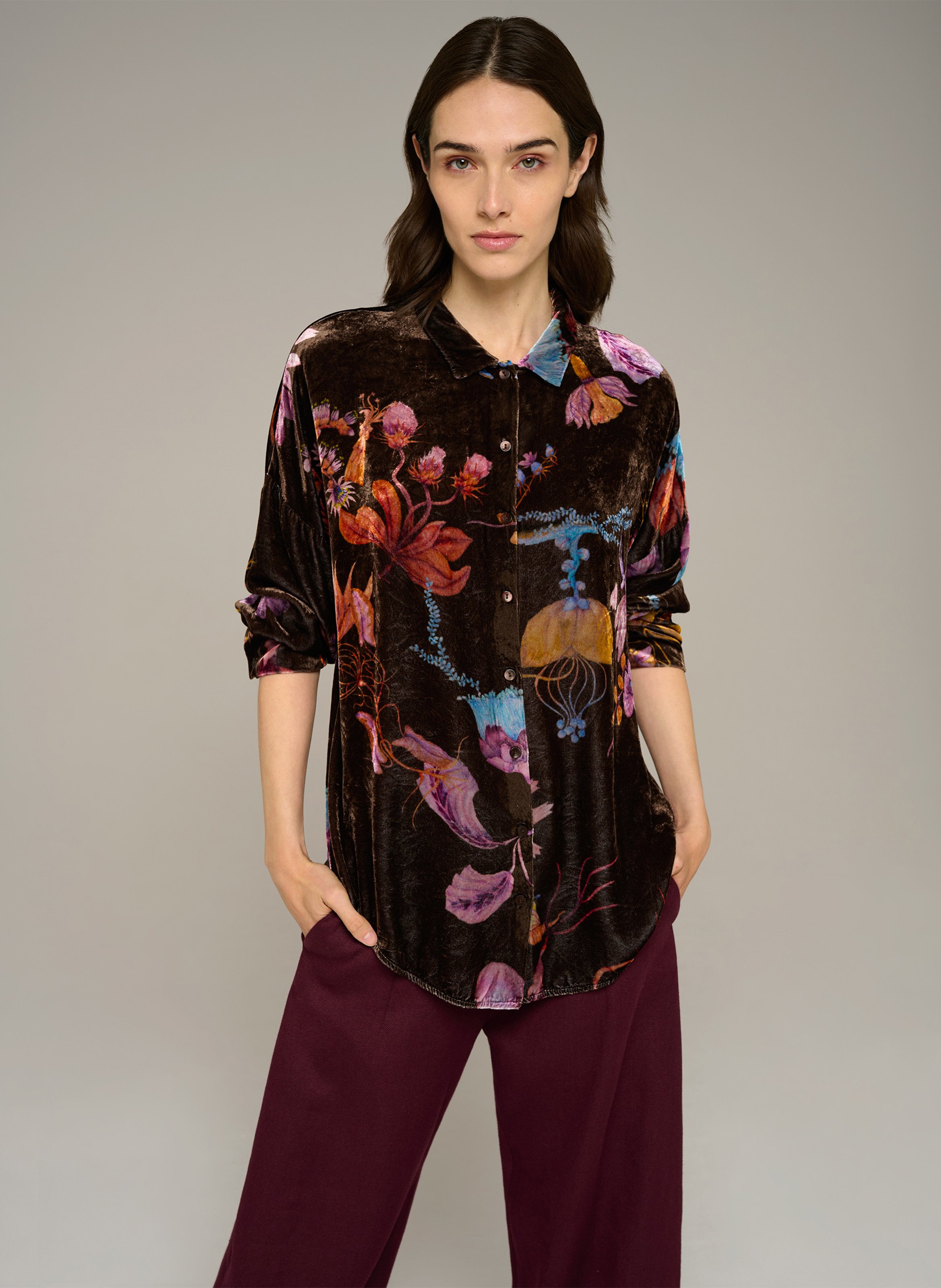 Chemise droite col classique à imprimé fleuri en velours COTELAC Marron