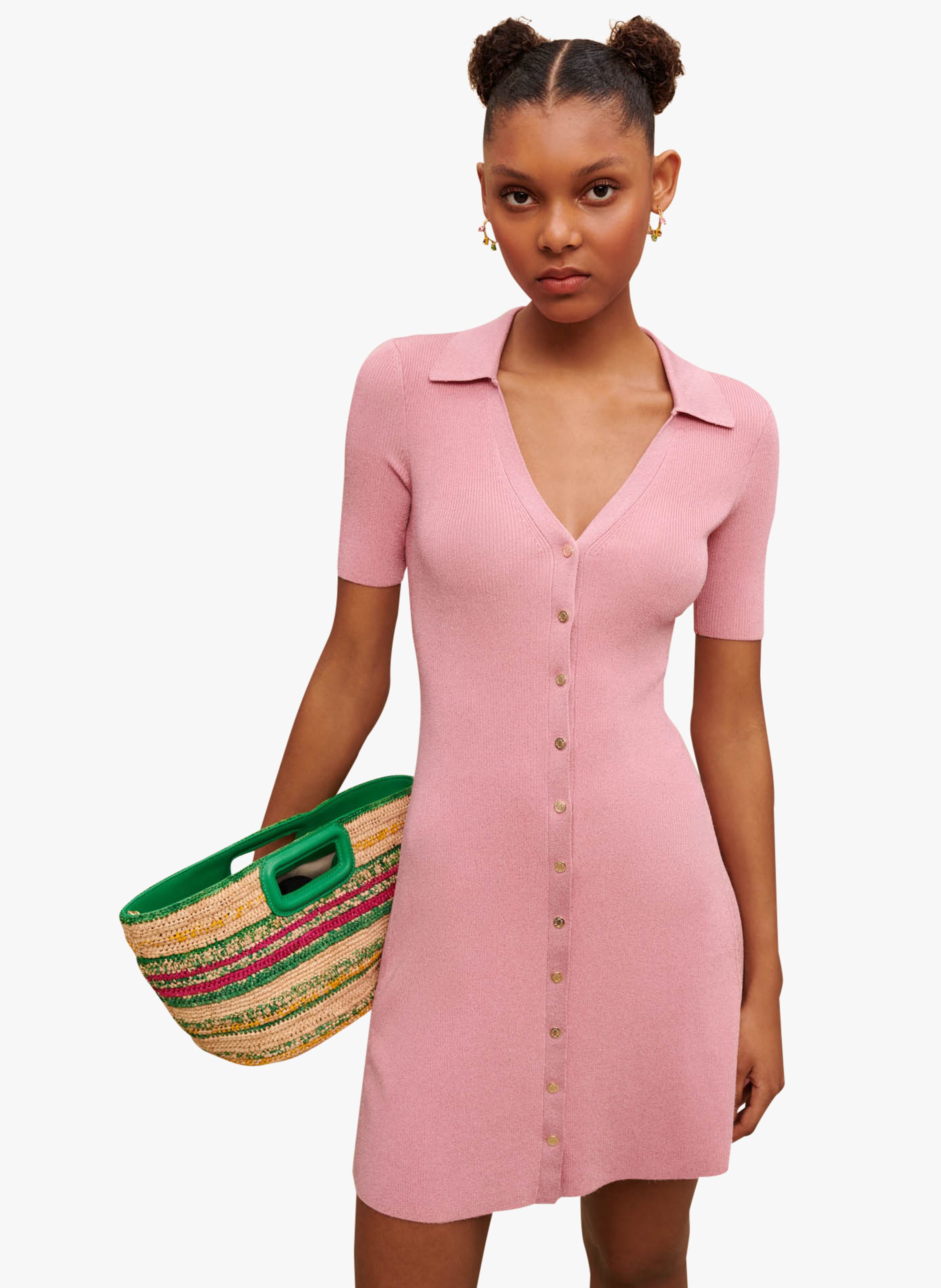 Pink Short dress with lapel V neck