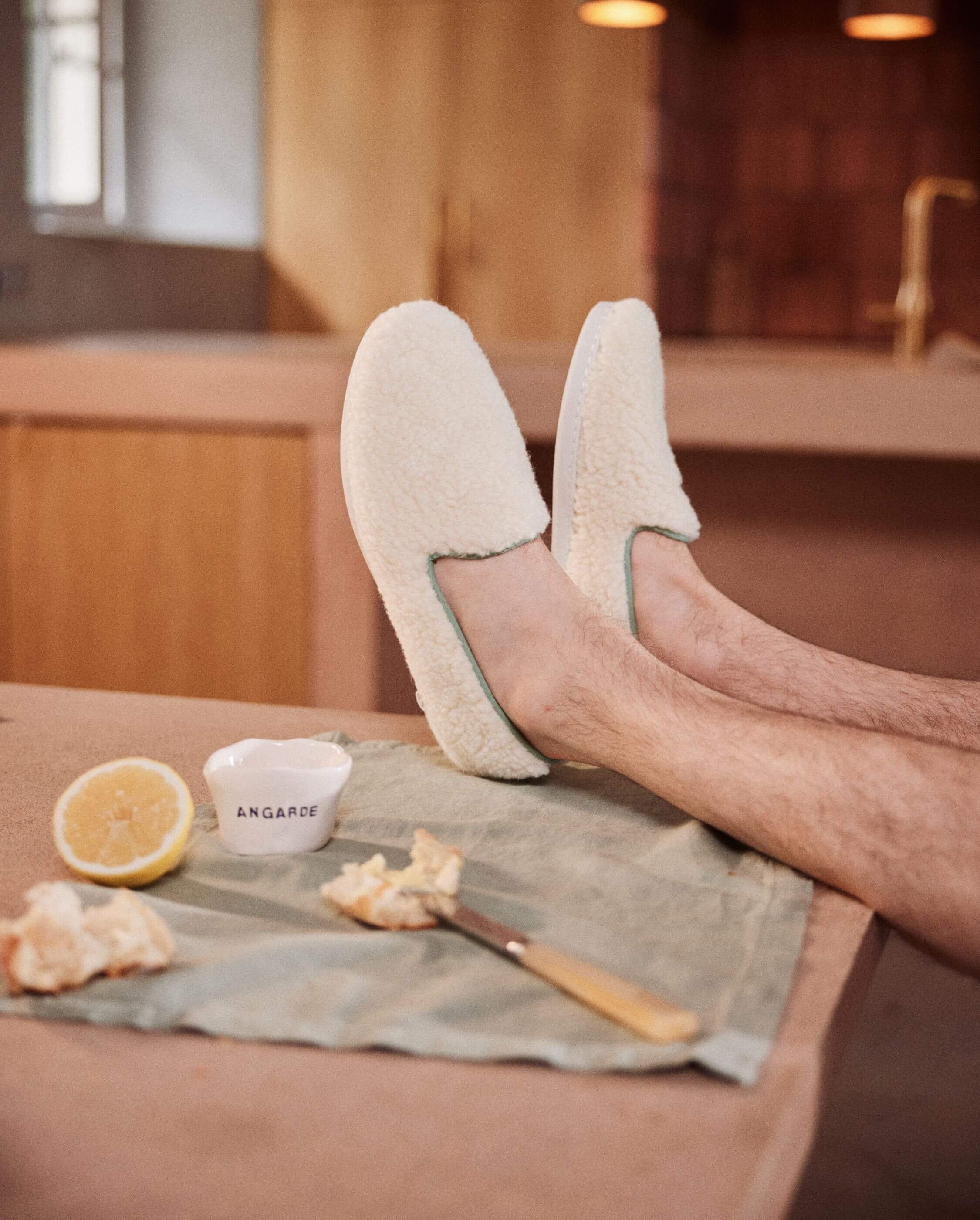 Chausson homme bouclette de laine, blanc sauge ANGARDE Blanc