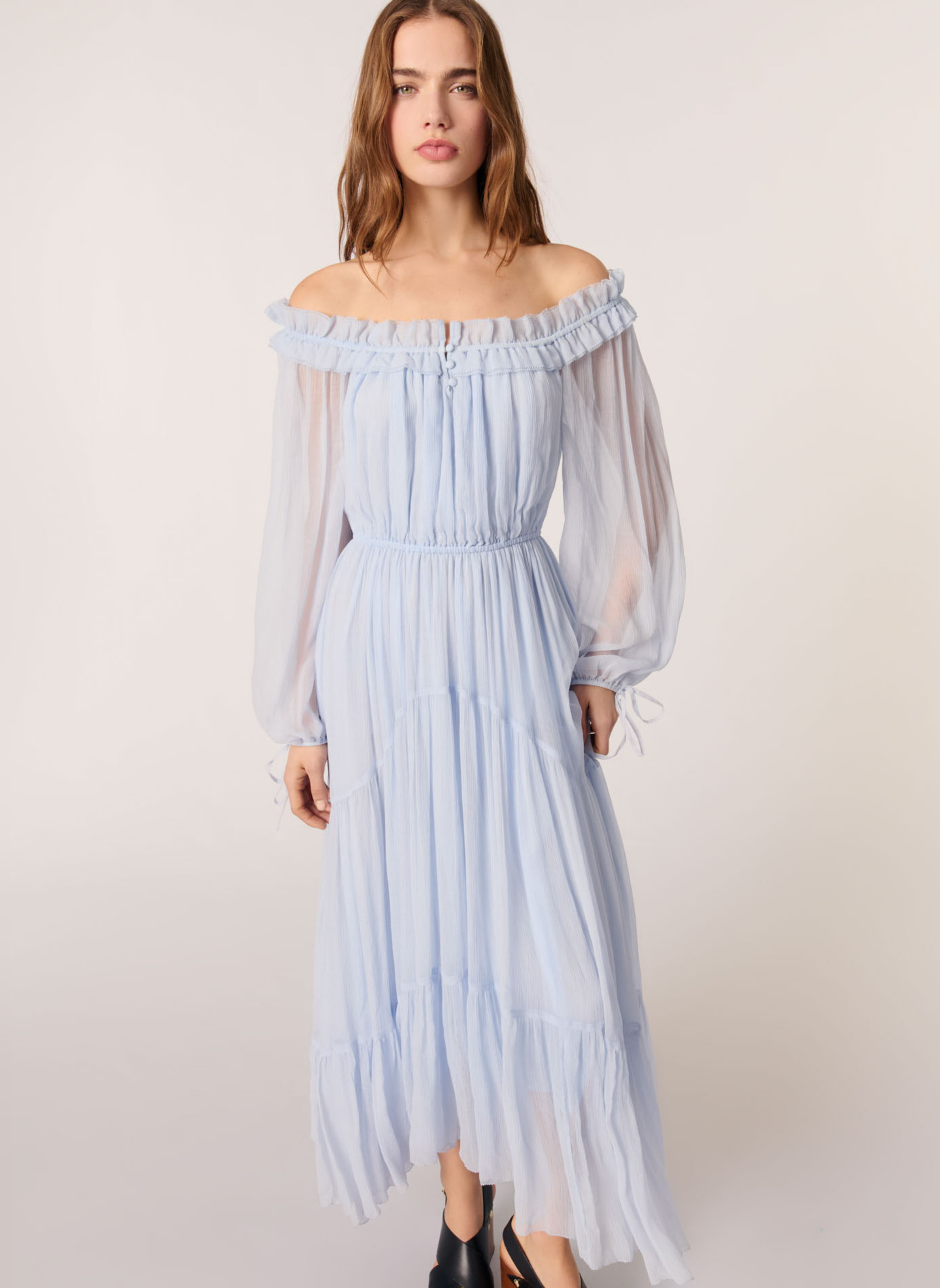 Lange, getailleerde, asymmetrische jurk Bleu ciel Maje Dames