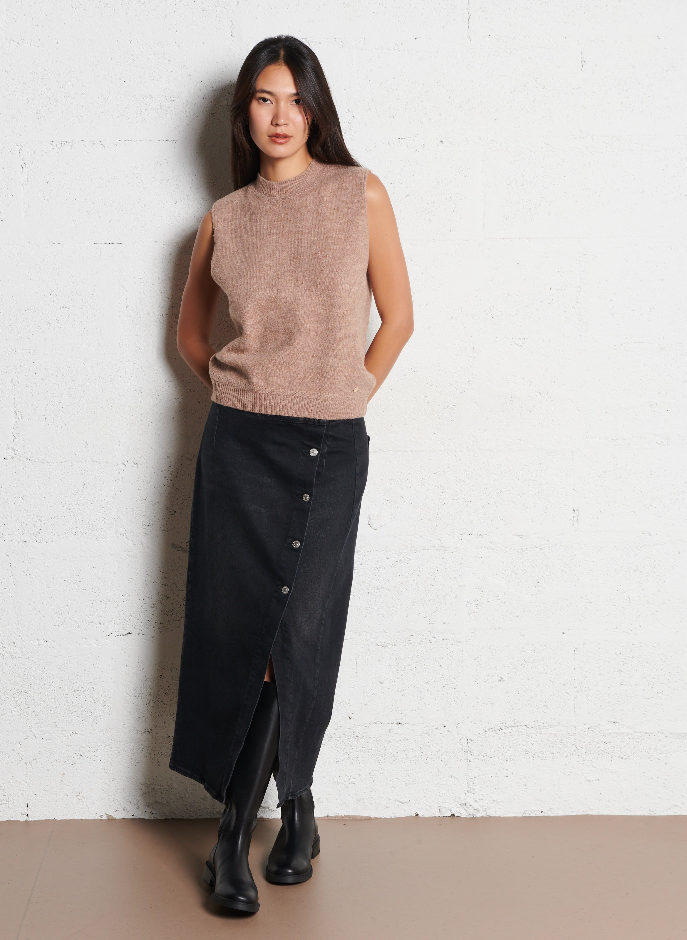 Jupe longue en denim de coton mélangé LE TEMPS DES CERISES Noir