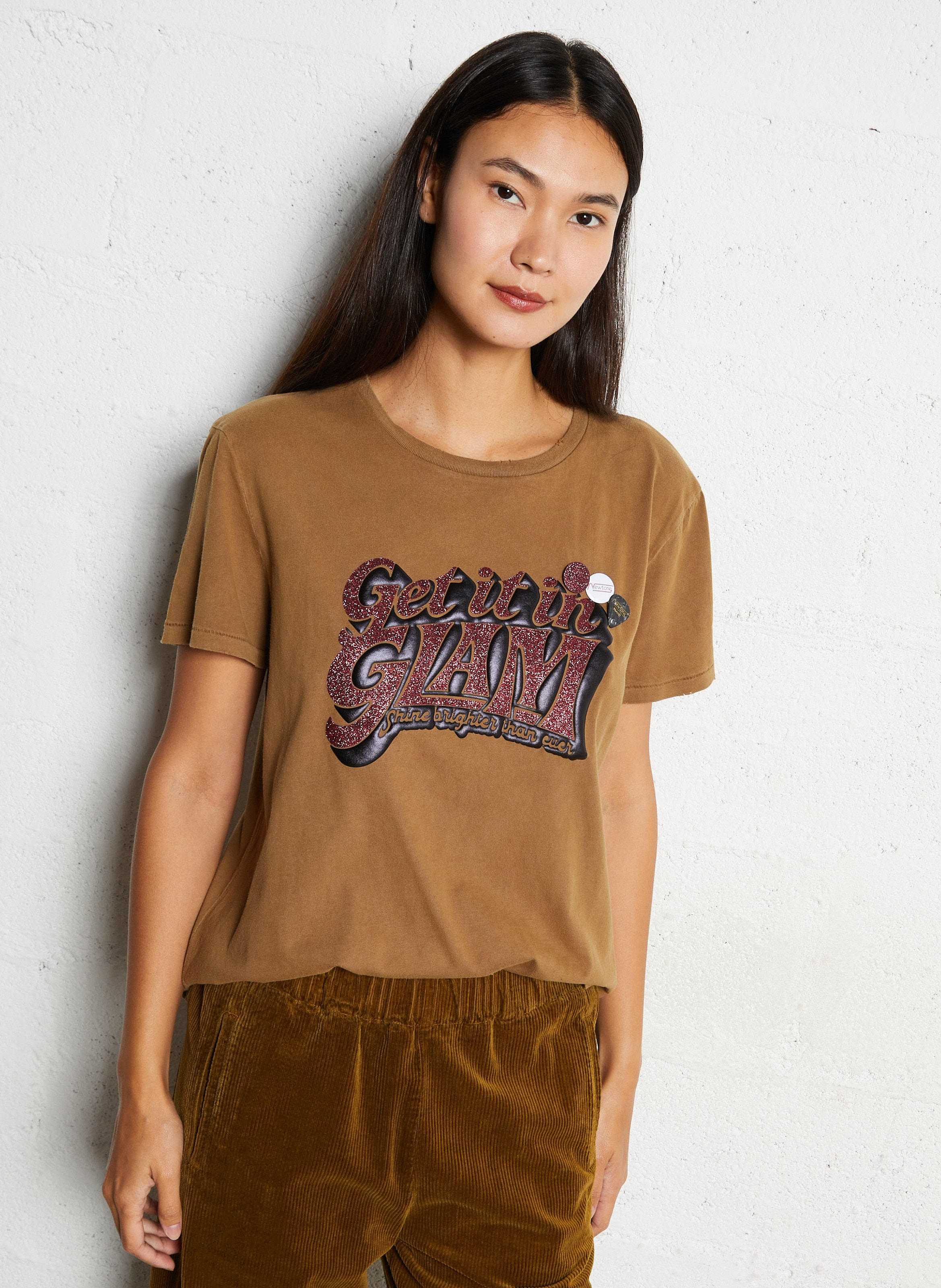 Tee-shirt droit col rond sérigraphié en coton NEWTONE Marron