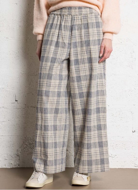 Wide checked pants in cotton and linen blend | Blue by HOD PARIS Wide checked pants in cotton and linen blend Blue
