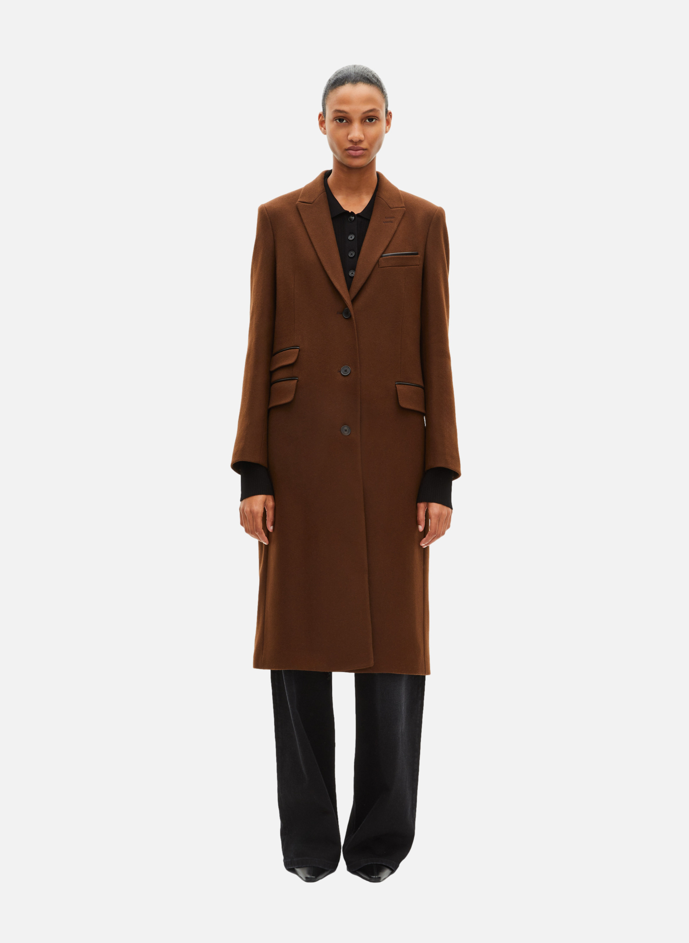 Long coat with leather details THE KOOPLES Brown