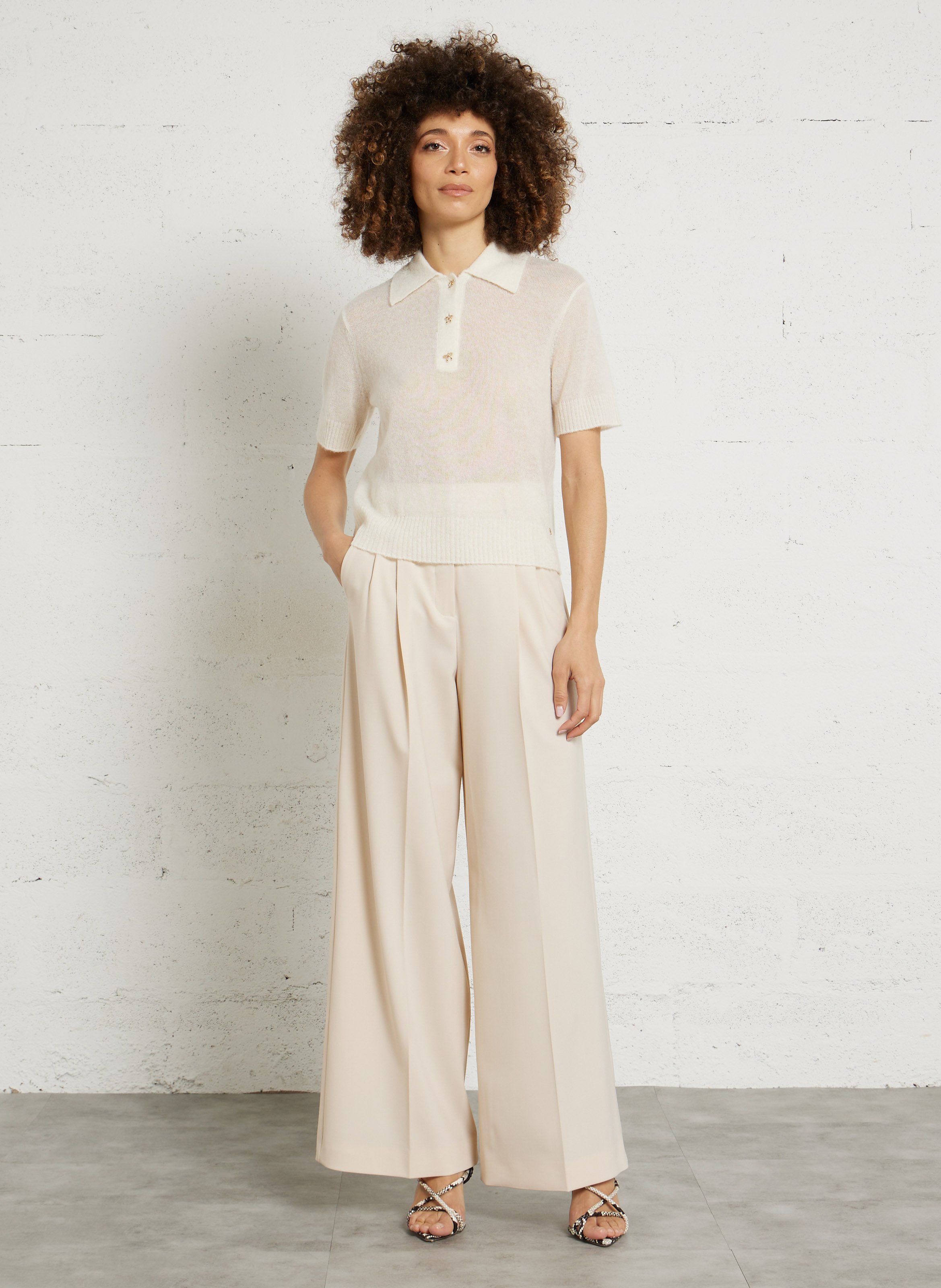 Pull droit col polo en laine mélangée DES PETITS HAUTS Beige