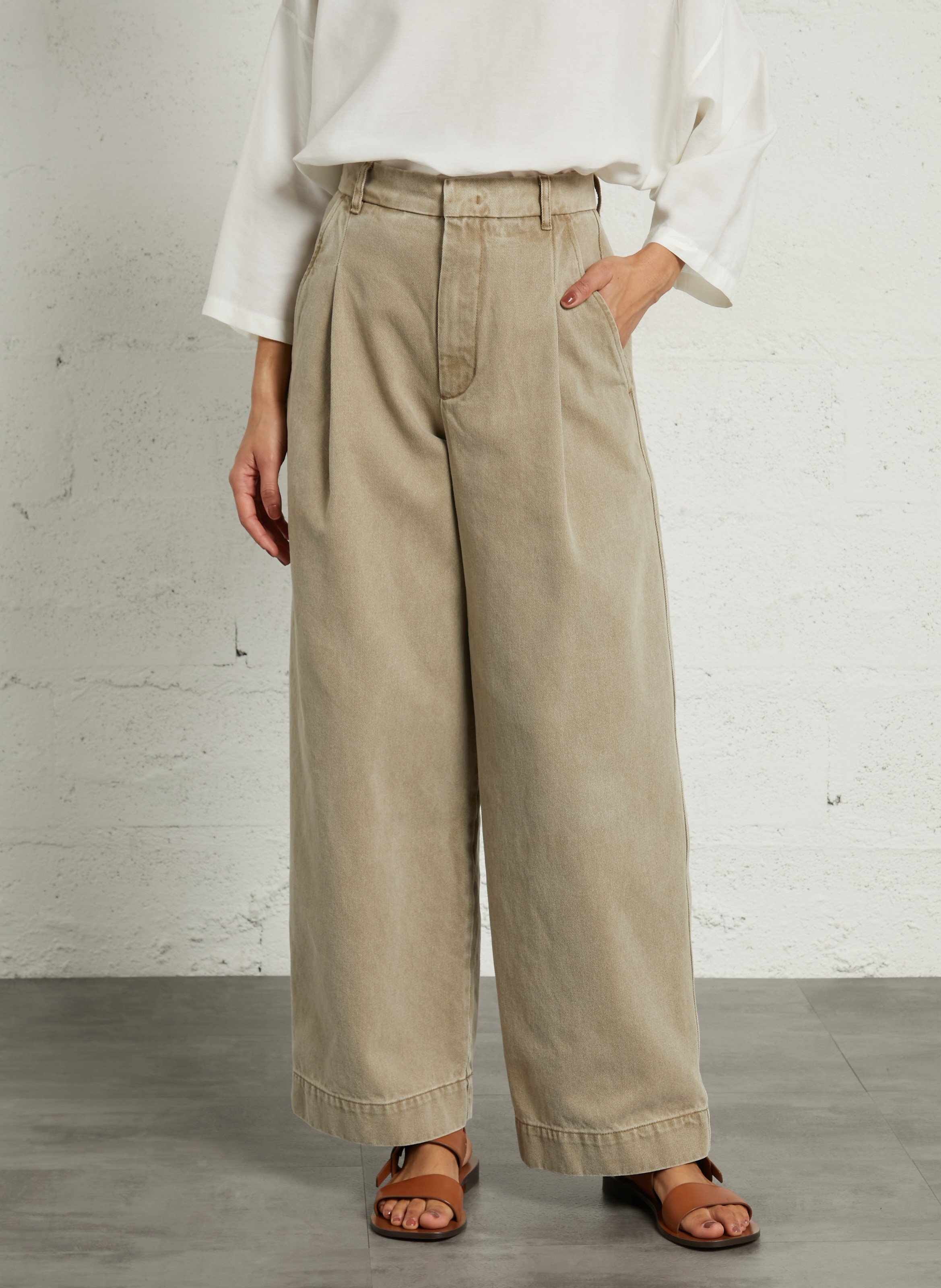 Wijde broek van biokatoen SOEUR Beige