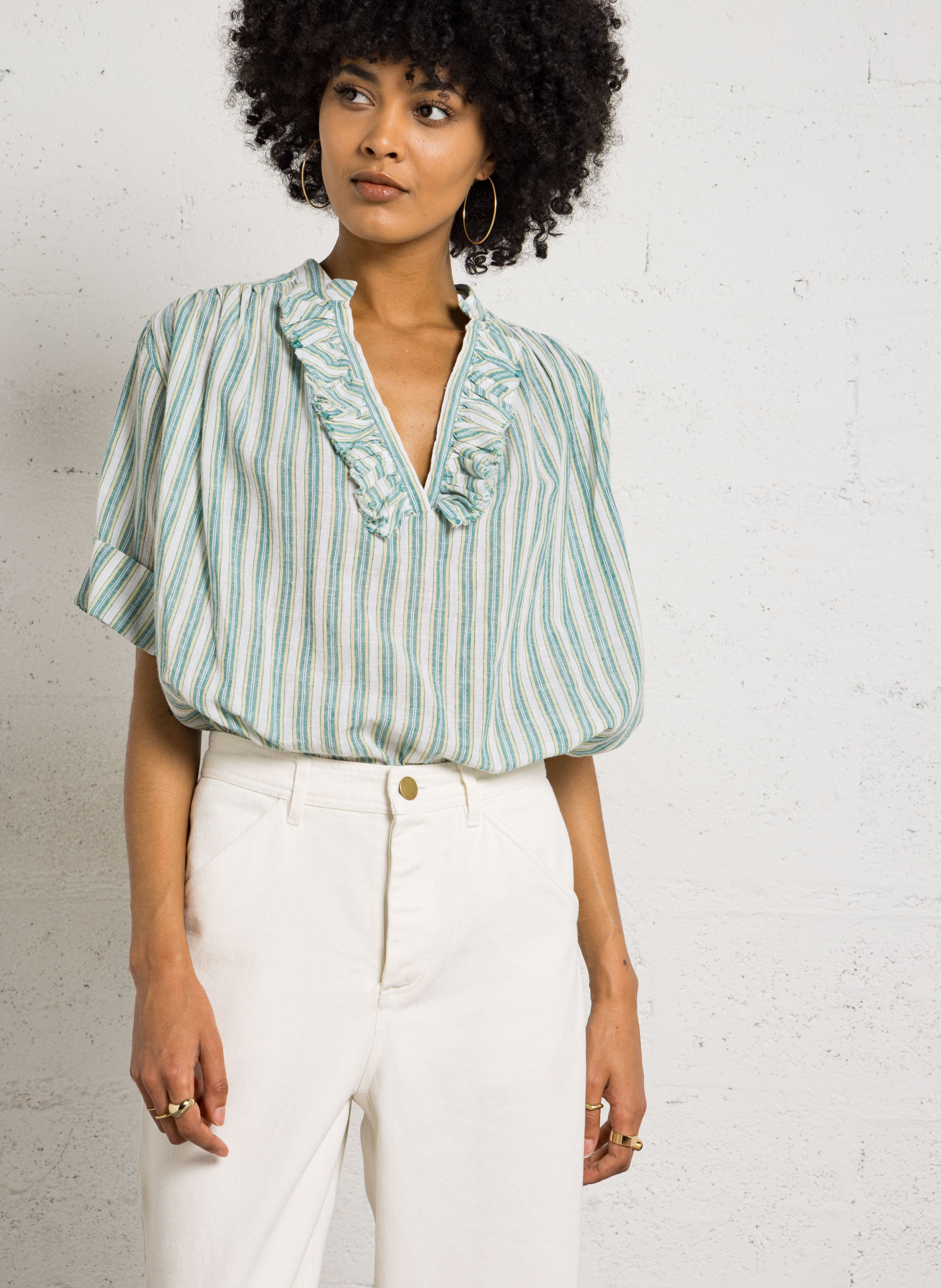 Loose-fitting striped Tunisian collar blouse LAURENCE BRAS Green