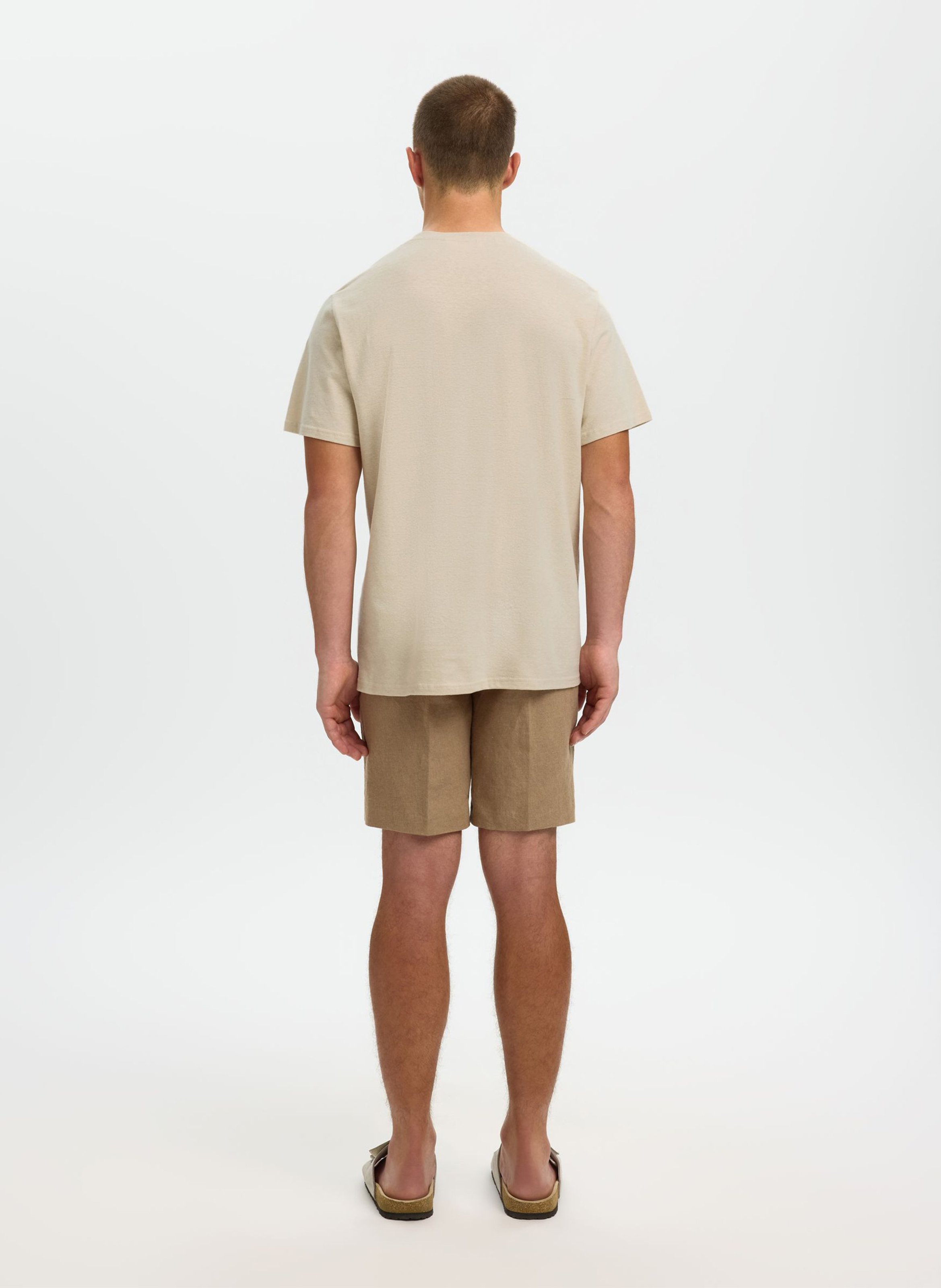 Tee-shirt droit col rond en lin et coton mélangé SELECTED Beige