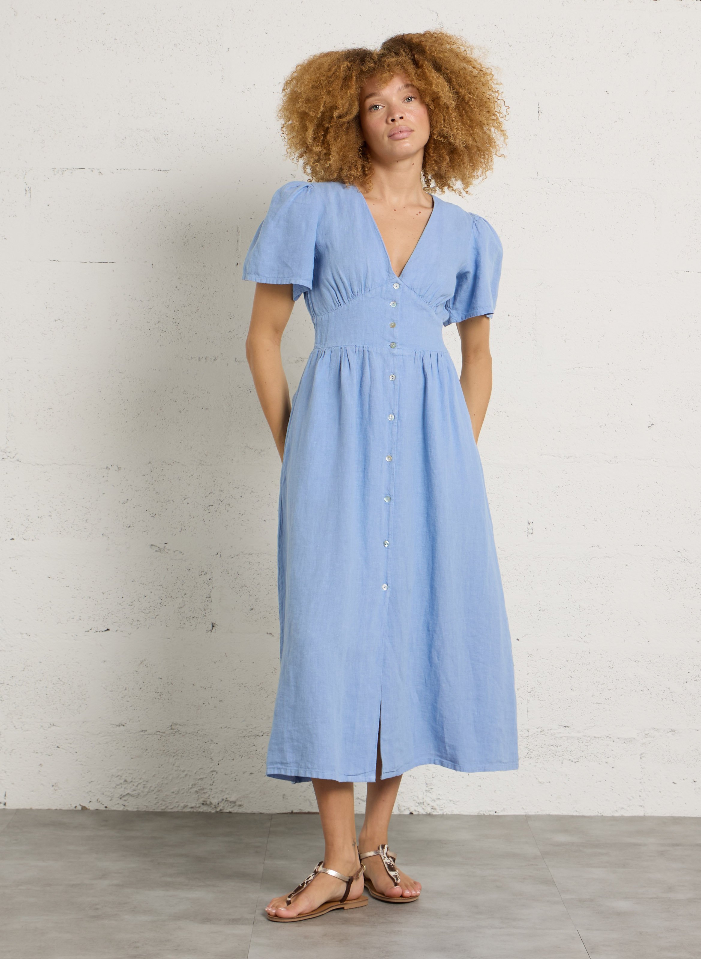 Lange jurk van linnen met V-hals THE NEW SOCIETY Blauw