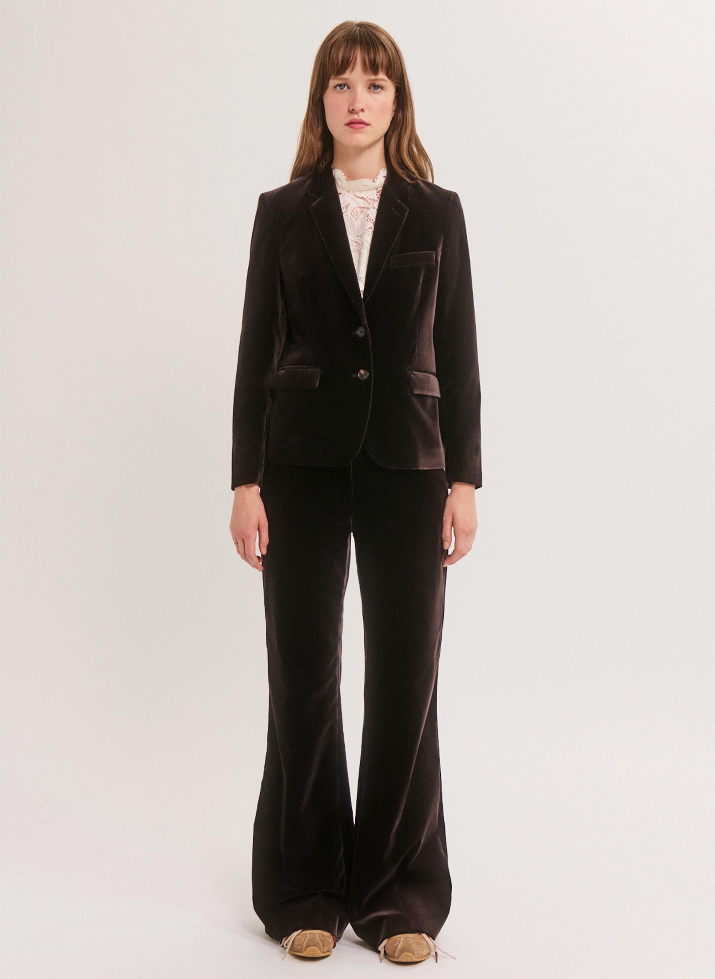 Blazer cintré en velours lisse de coton mélangé PABLO Marron