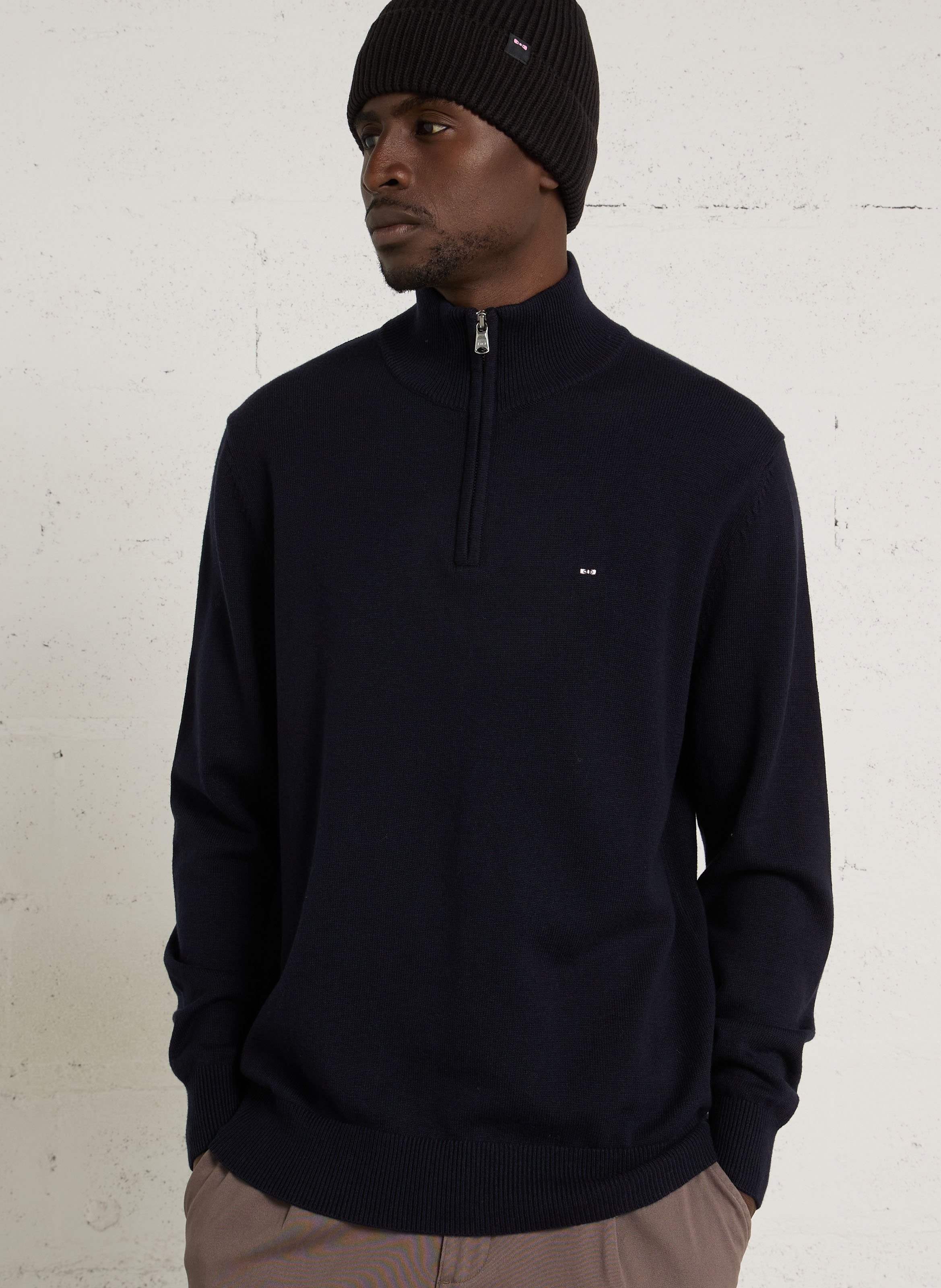 Pullover mit Stehkragen und Reißverschluss aus Wolle und Baumwolle EDEN PARK Blau