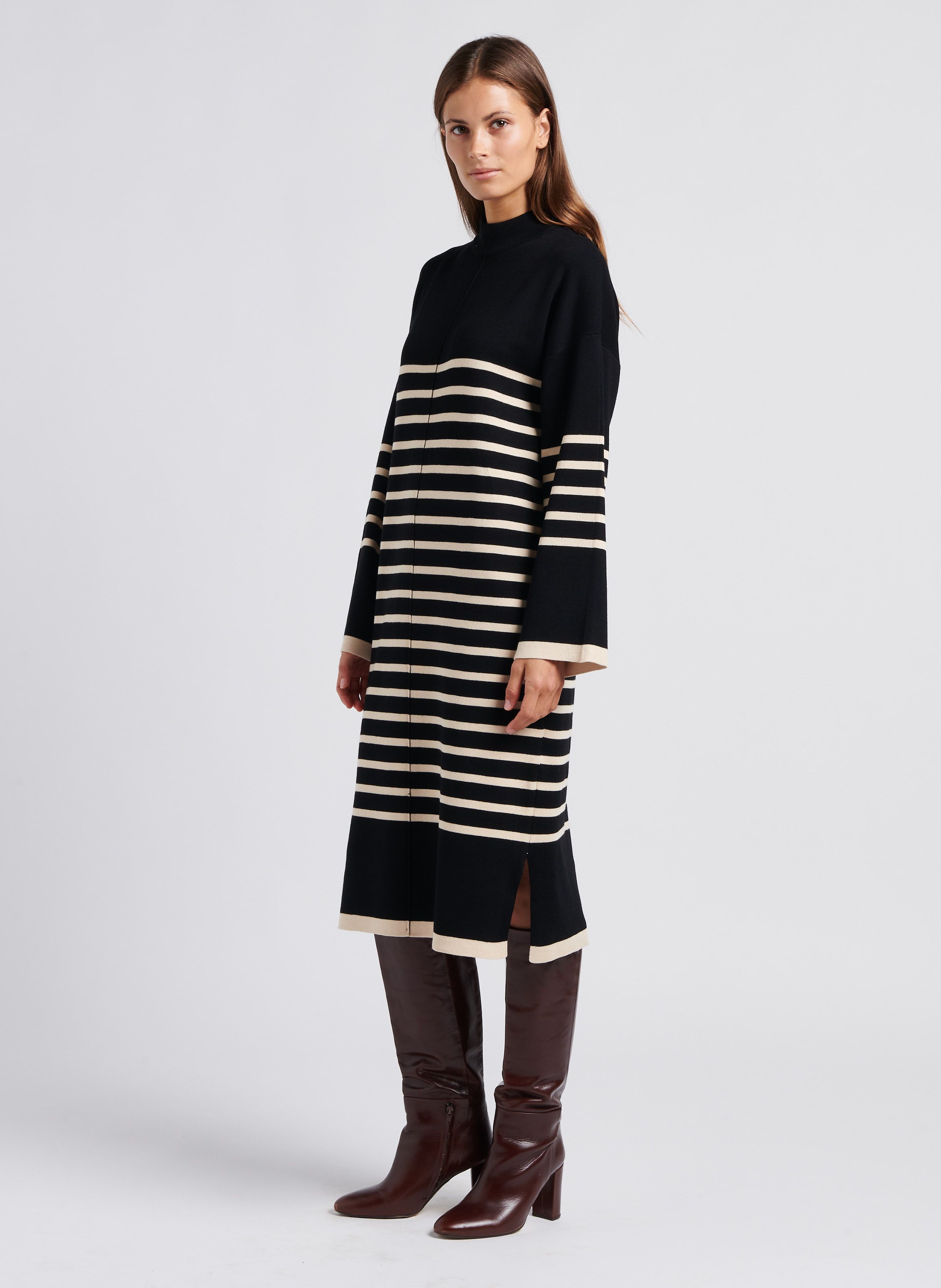 Black Striped midi dress with high neck