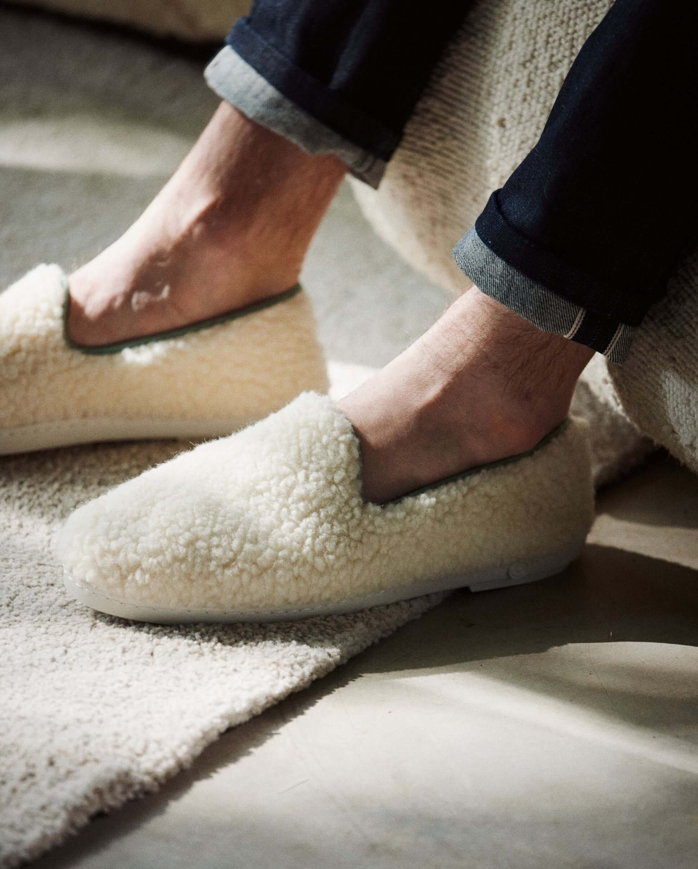 Chausson homme bouclette de laine, blanc sauge ANGARDE Blanc