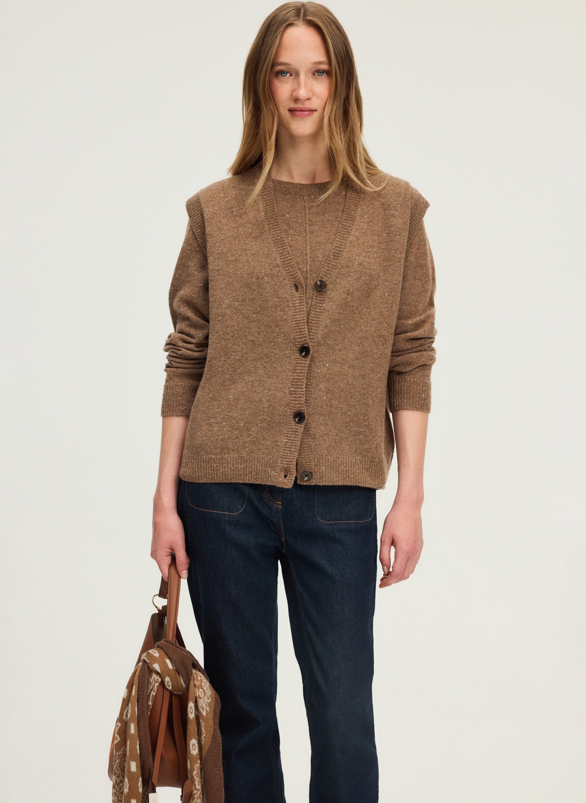 Mouwloos, wollen vest met V-hals PABLO Bruin