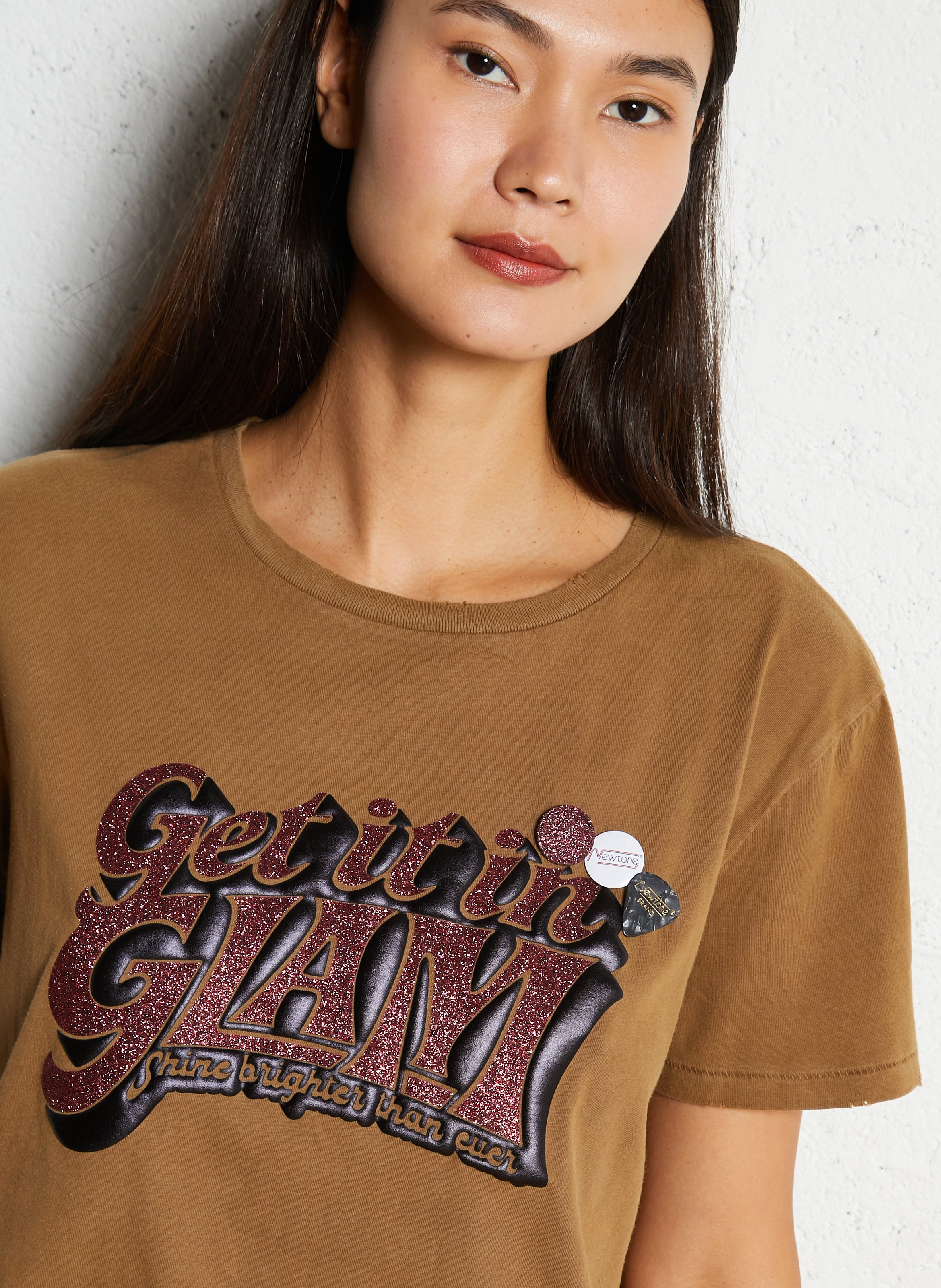 Tee-shirt droit col rond sérigraphié en coton NEWTONE Marron