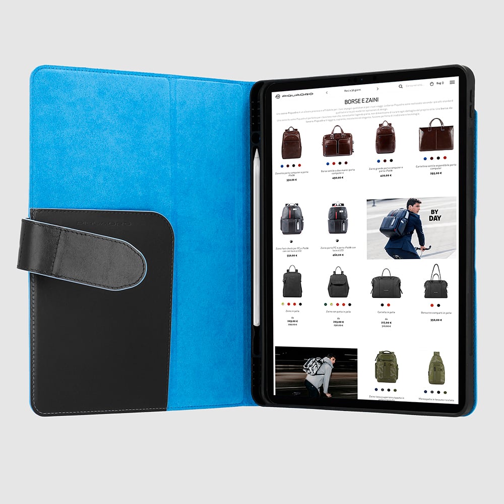 Leather case for ipad® air 13’’ with pen holder, stand, and automatic sleep/wake function. PIQUADRO Black