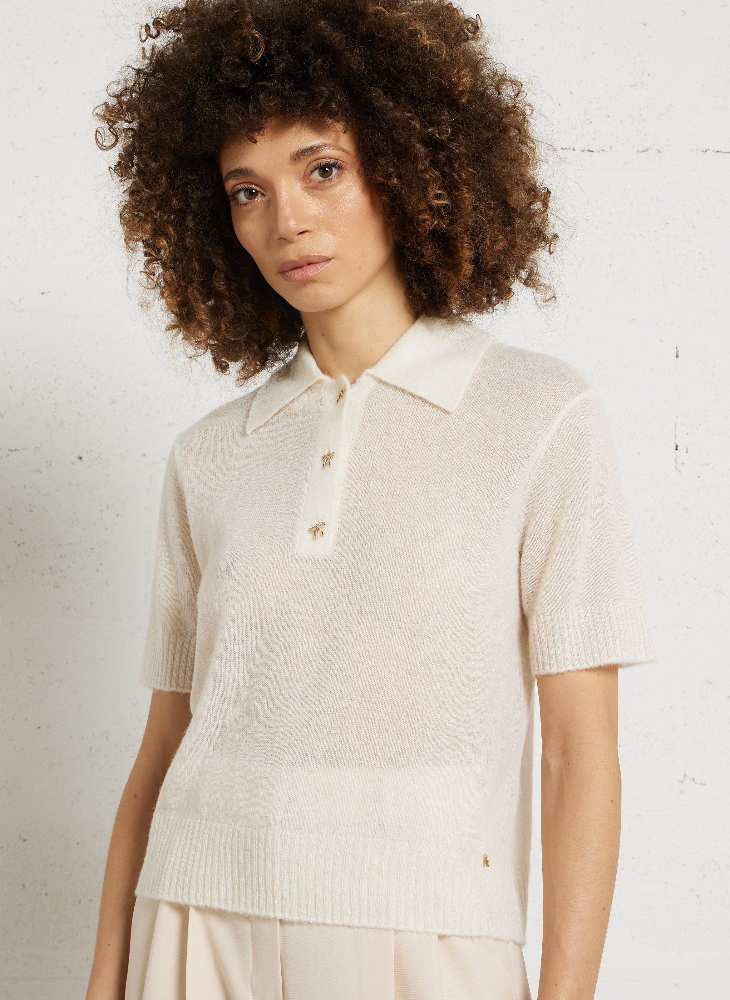 Pull droit col polo en laine mélangée DES PETITS HAUTS Beige