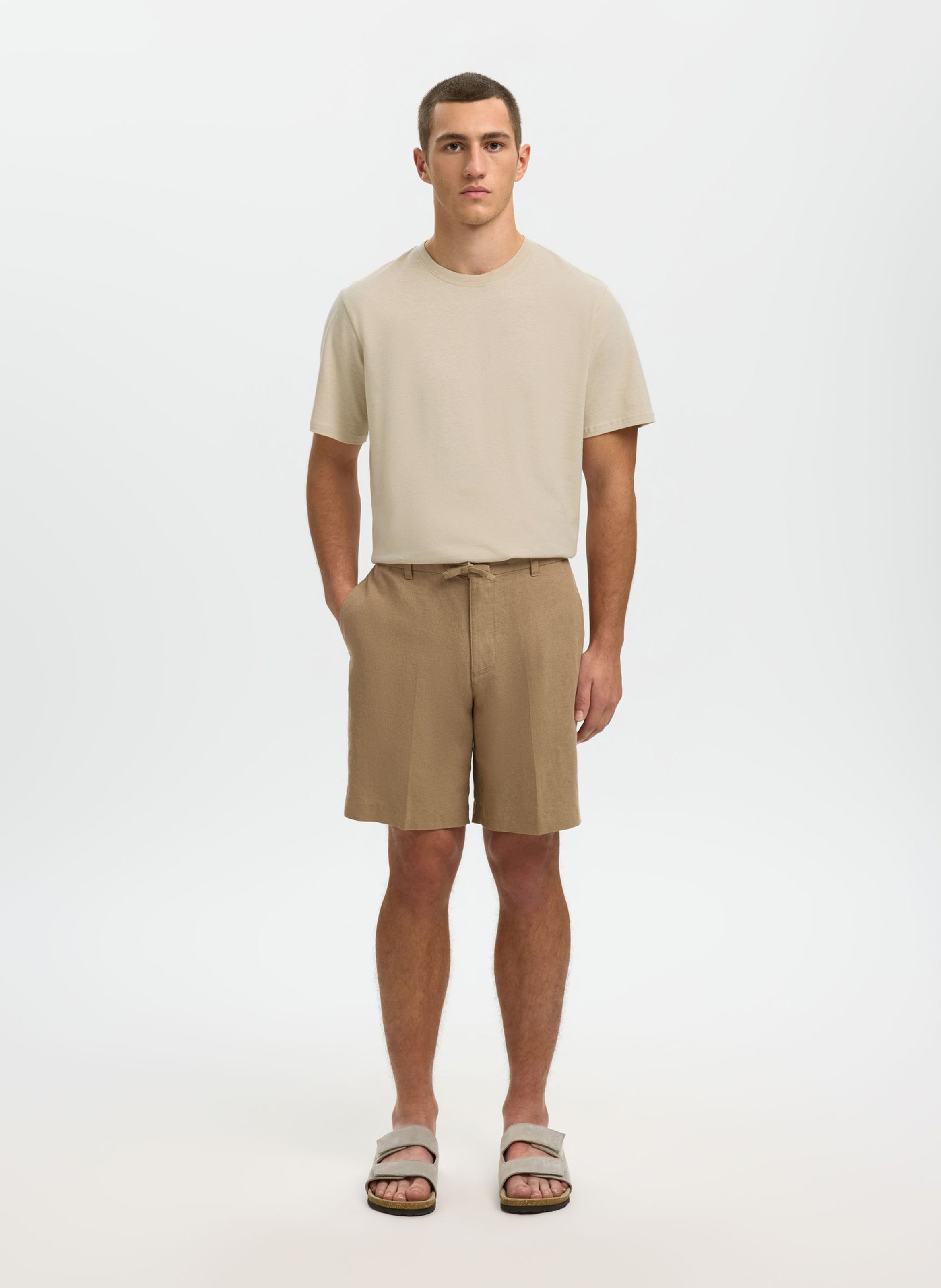 Tee-shirt droit col rond en lin et coton mélangé SELECTED Beige