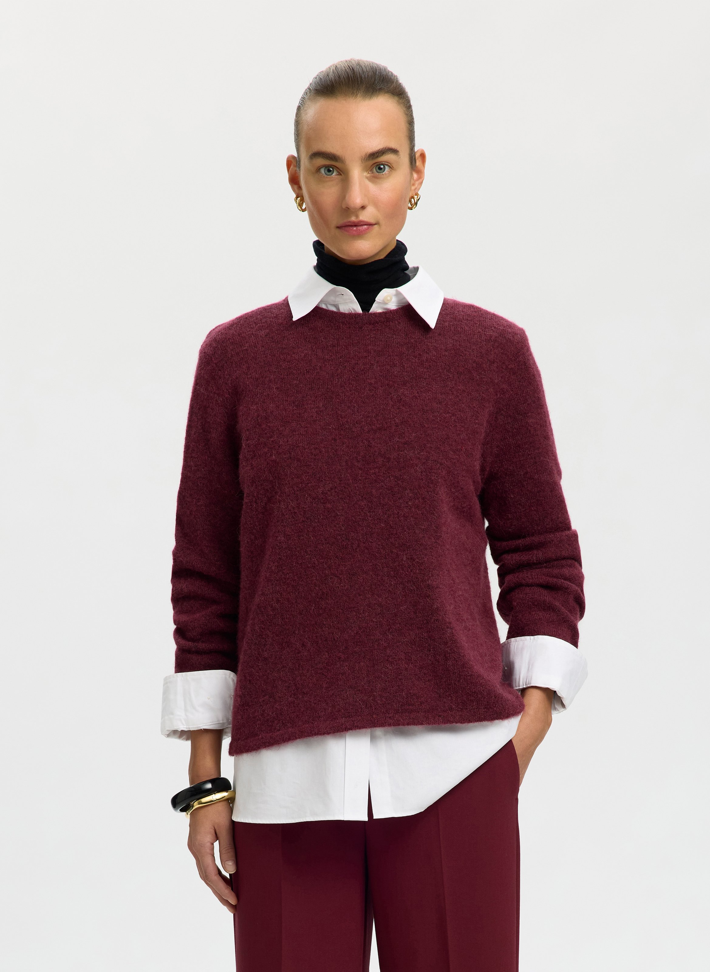 Oversize round-neck knit sweater SELECTED Plums