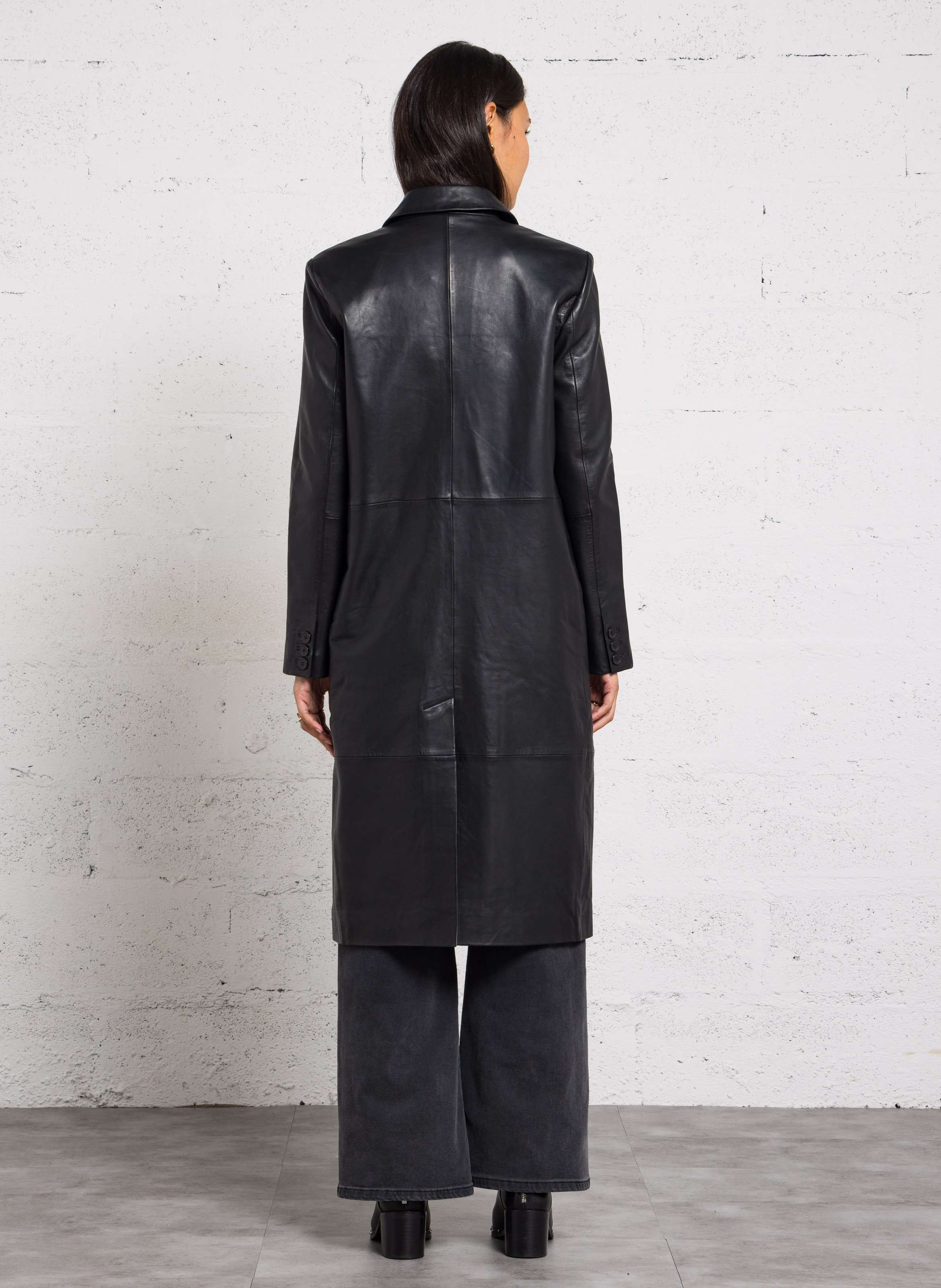 Lange rechte leren trenchcoat IKKS Zwart