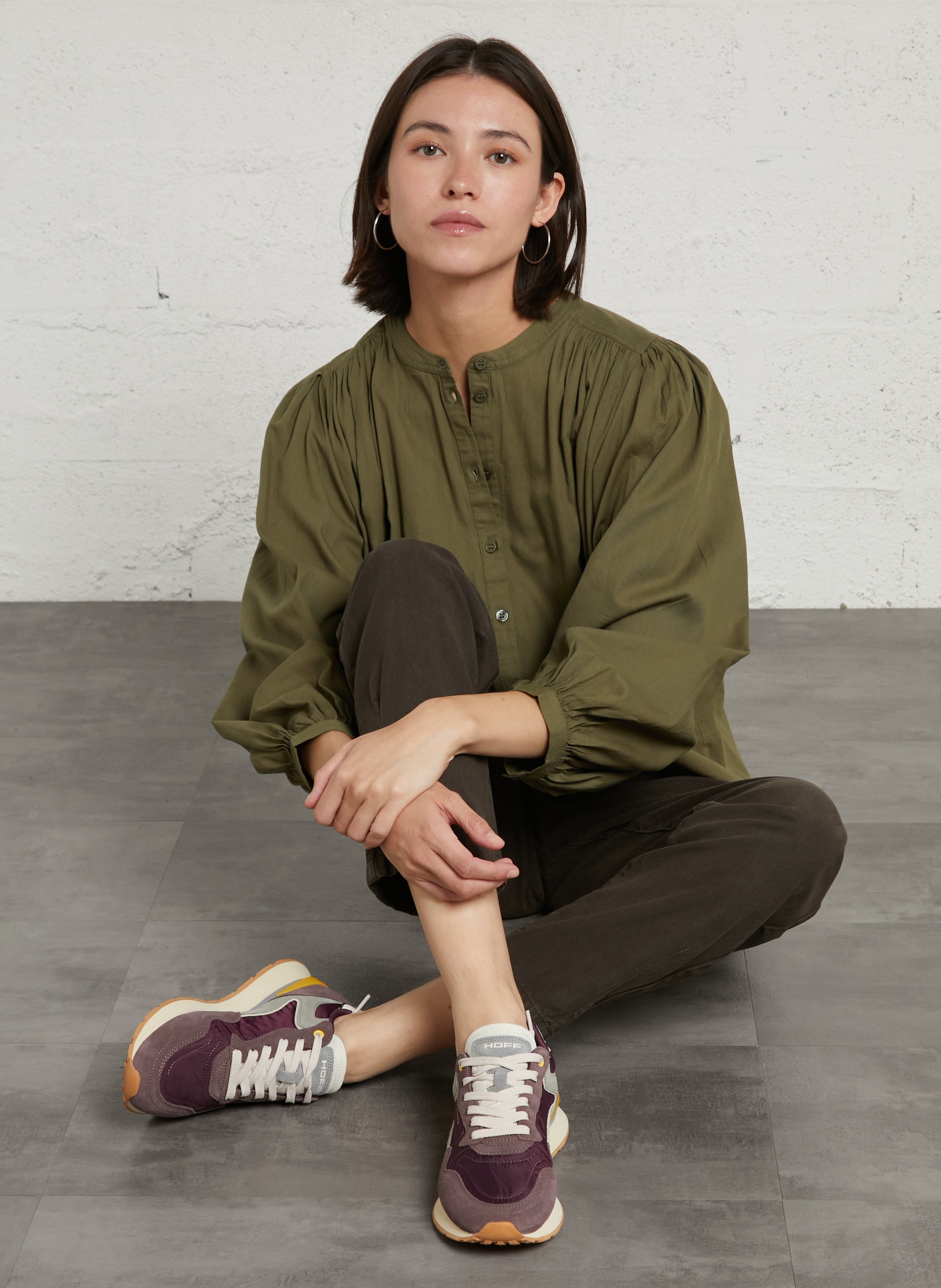 Loose-fit cotton round-neck blouse DES PETITS HAUTS Green