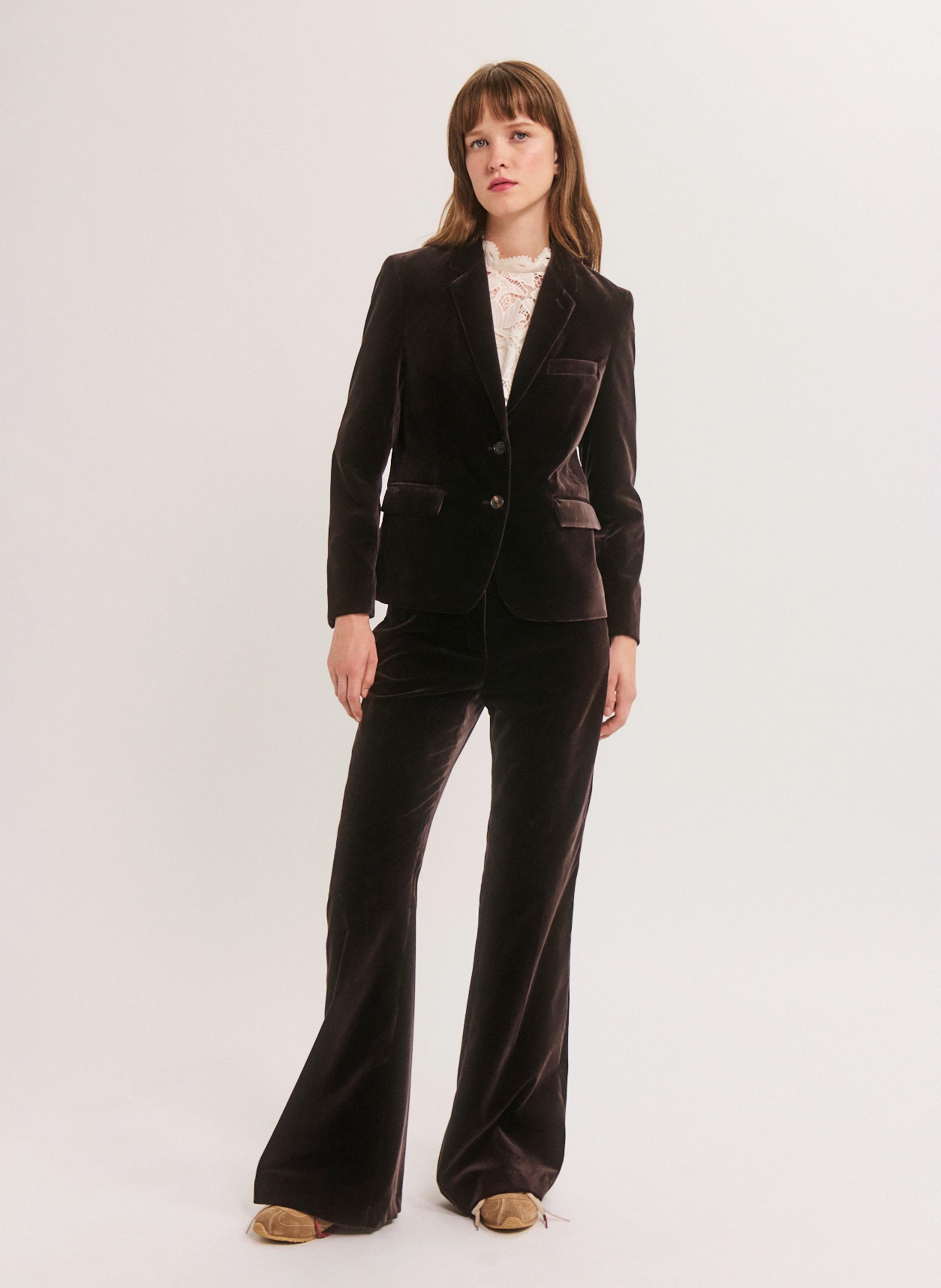 Blazer cintré en velours lisse de coton mélangé PABLO Marron