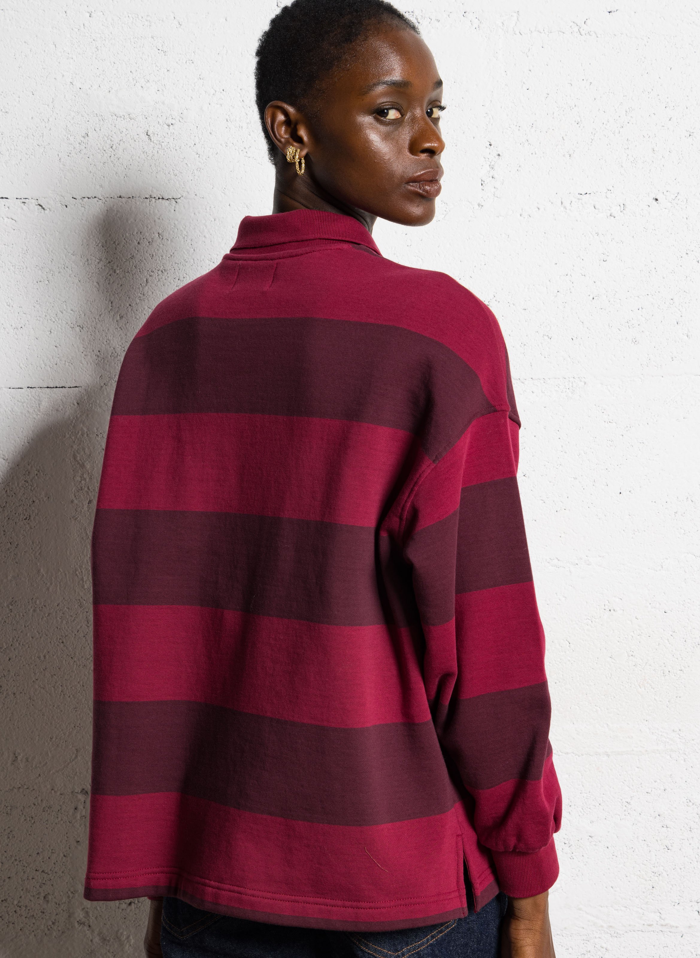 Sweat col polo molleton rayé DES PETITS HAUTS Violet