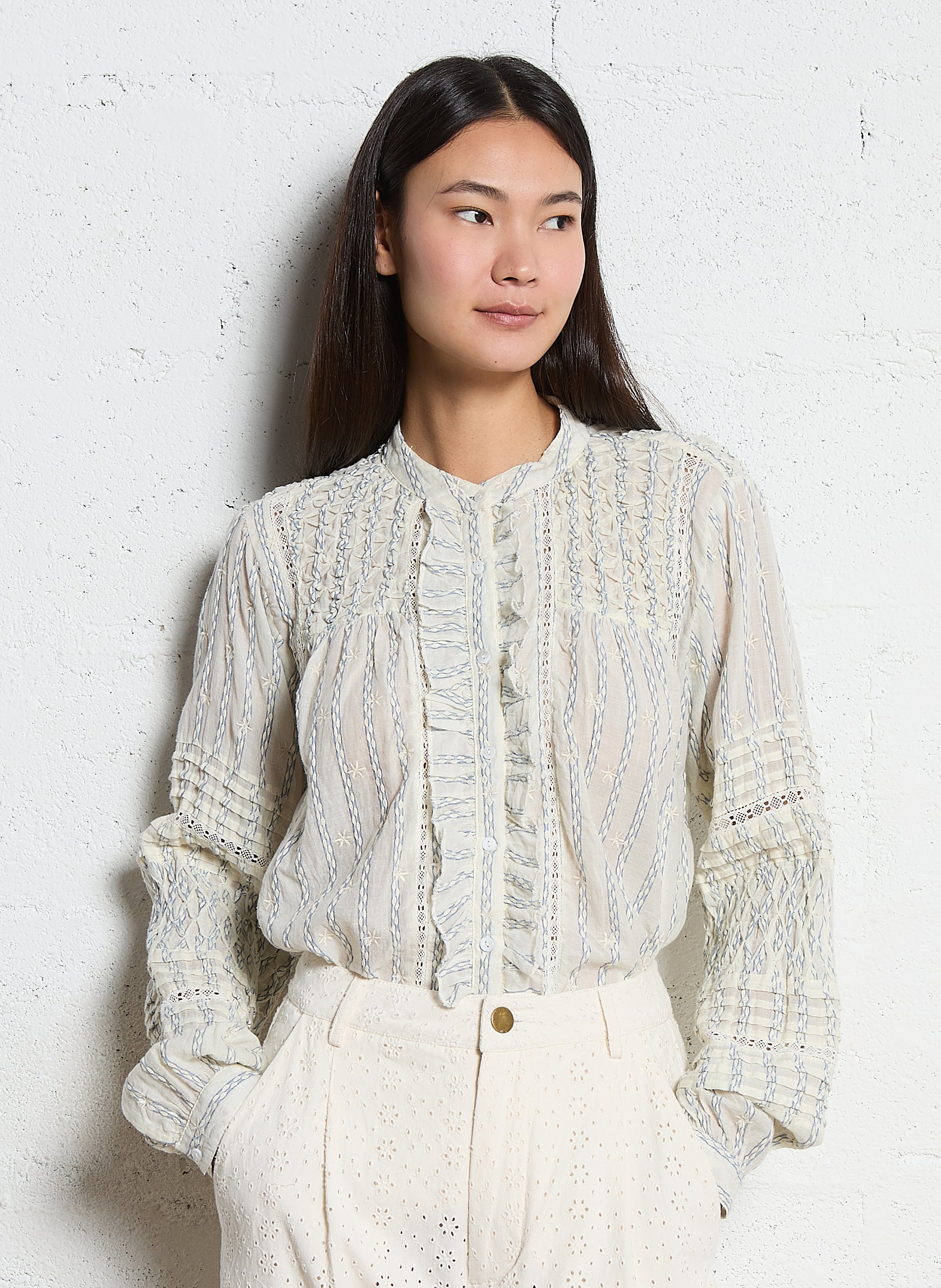 Chemise droite col rond en coton imprimé MAISON HOTEL Blanc