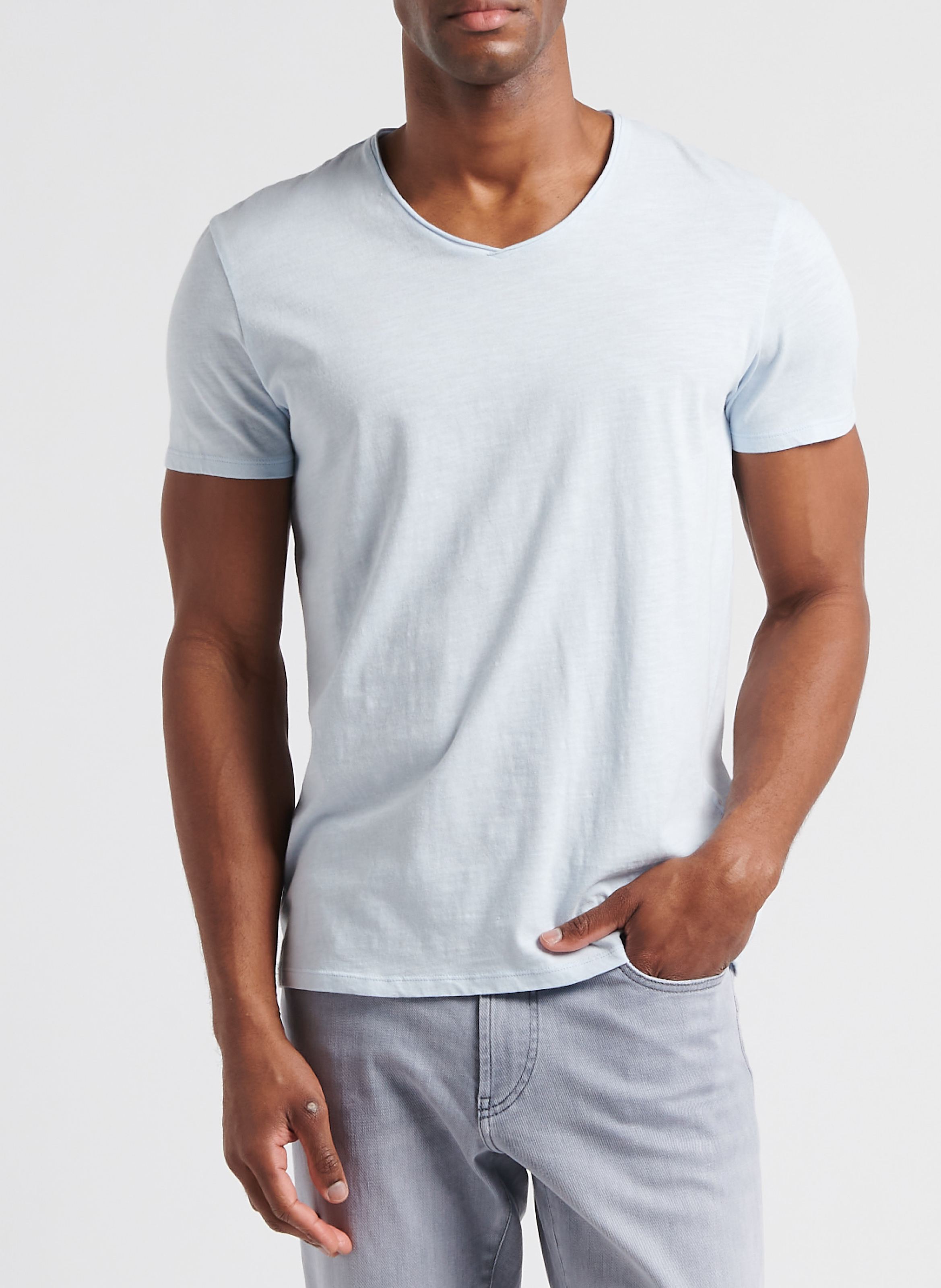 Tee-shirt col V en coton bio flammé IKKS Bleu