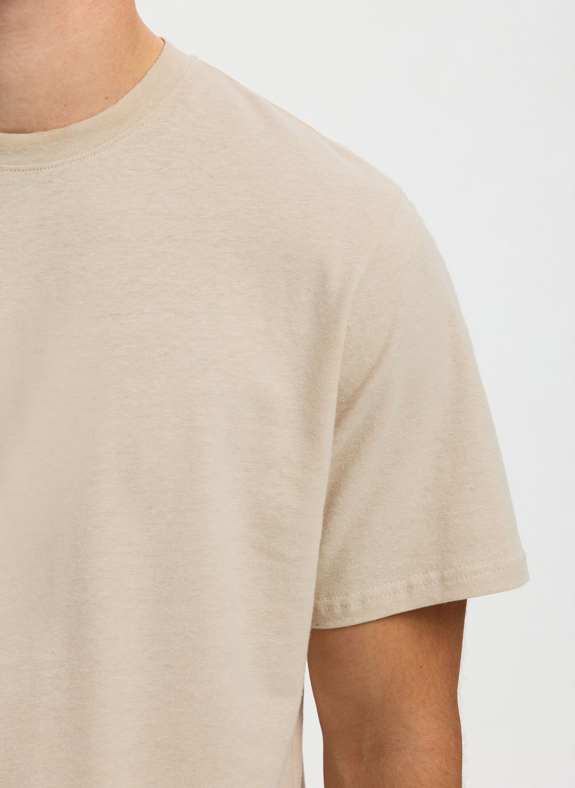 Tee-shirt droit col rond en lin et coton mélangé SELECTED Beige
