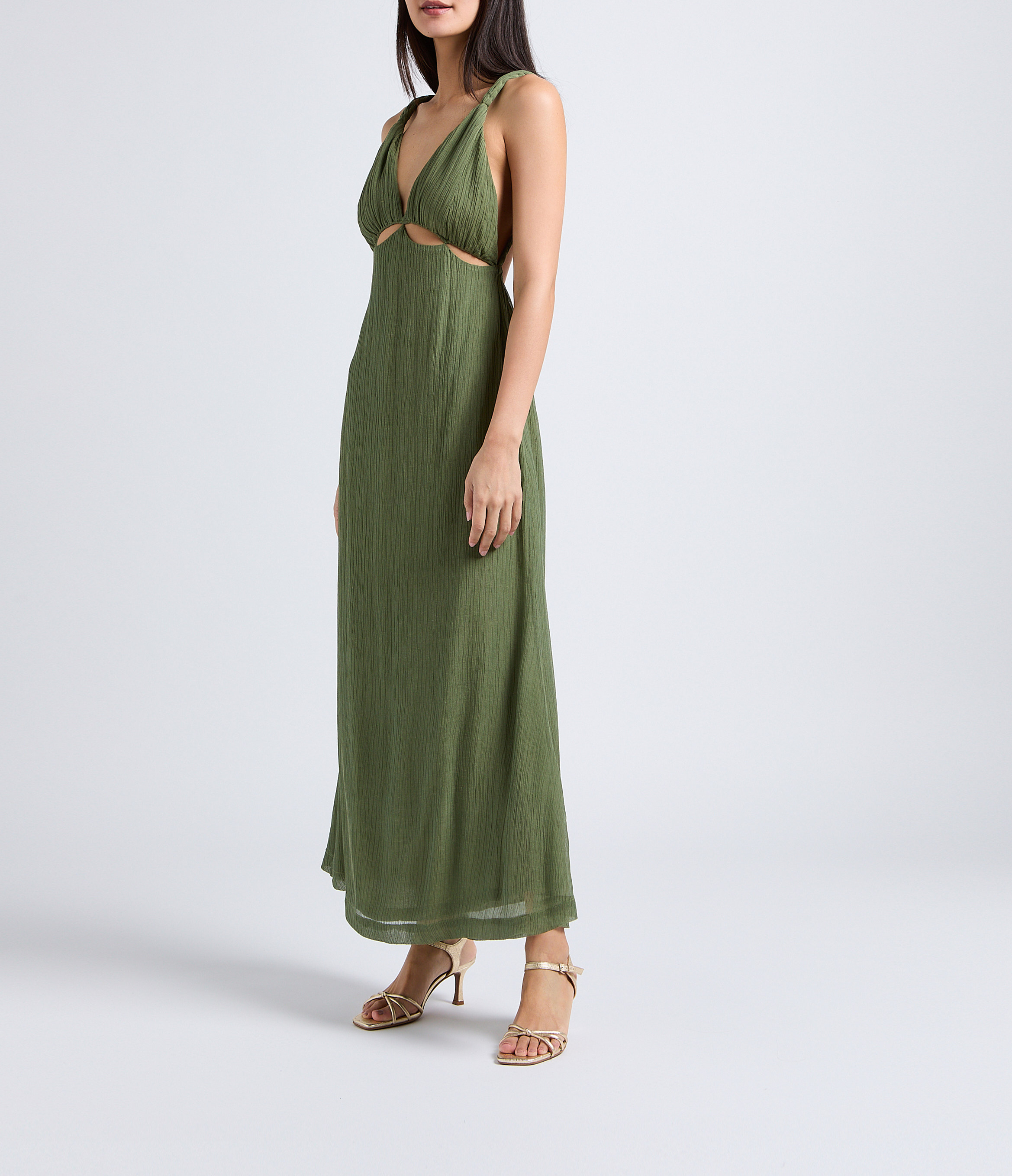 Robe longue ajourée à dos nu en soie et lin KARMA KOMA Vert