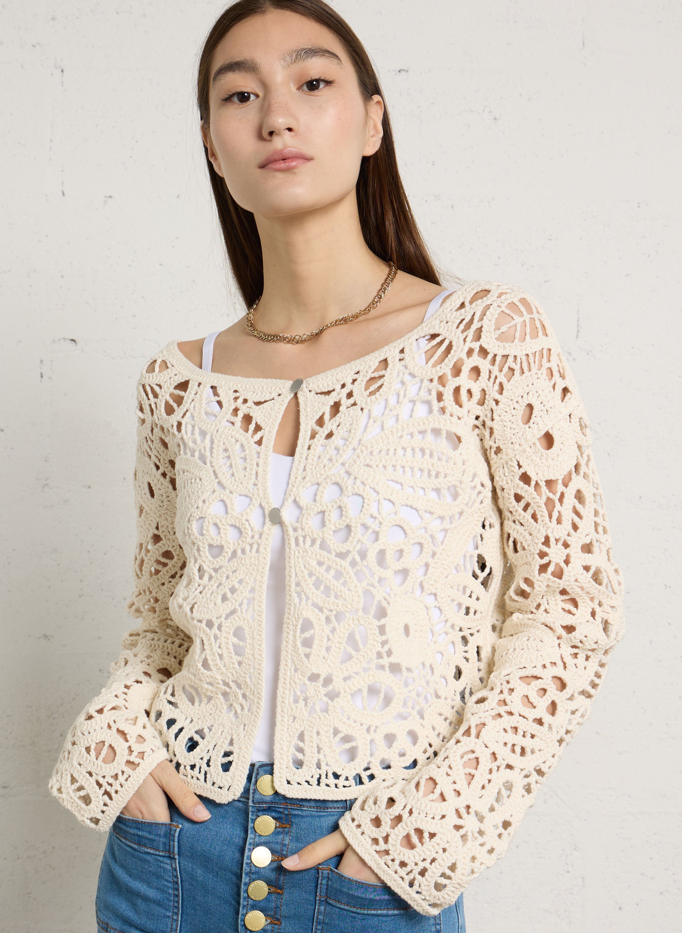 Cardigan droit col rond en coton mélangé IKKS Blanc
