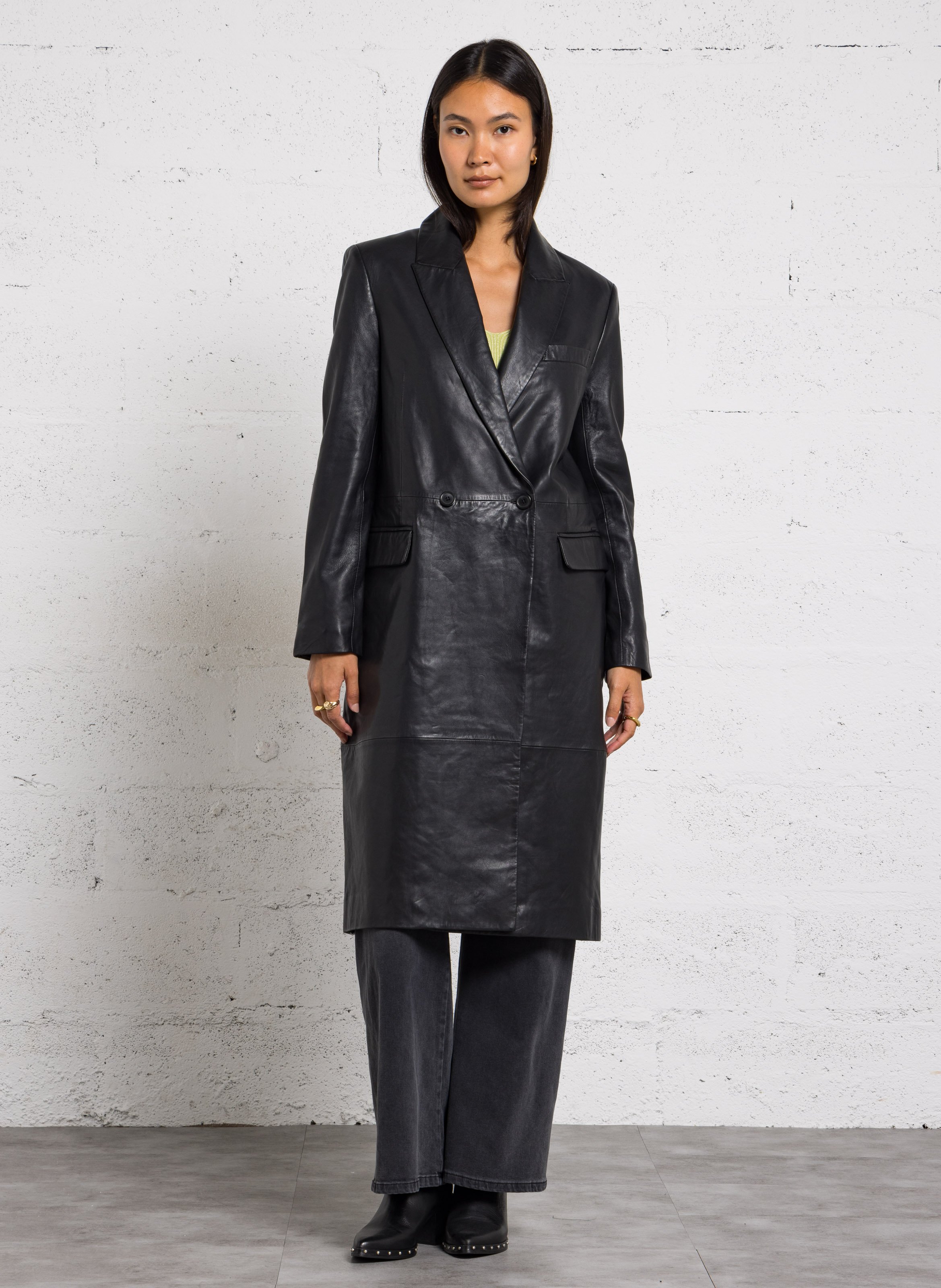 Lange rechte leren trenchcoat IKKS Zwart