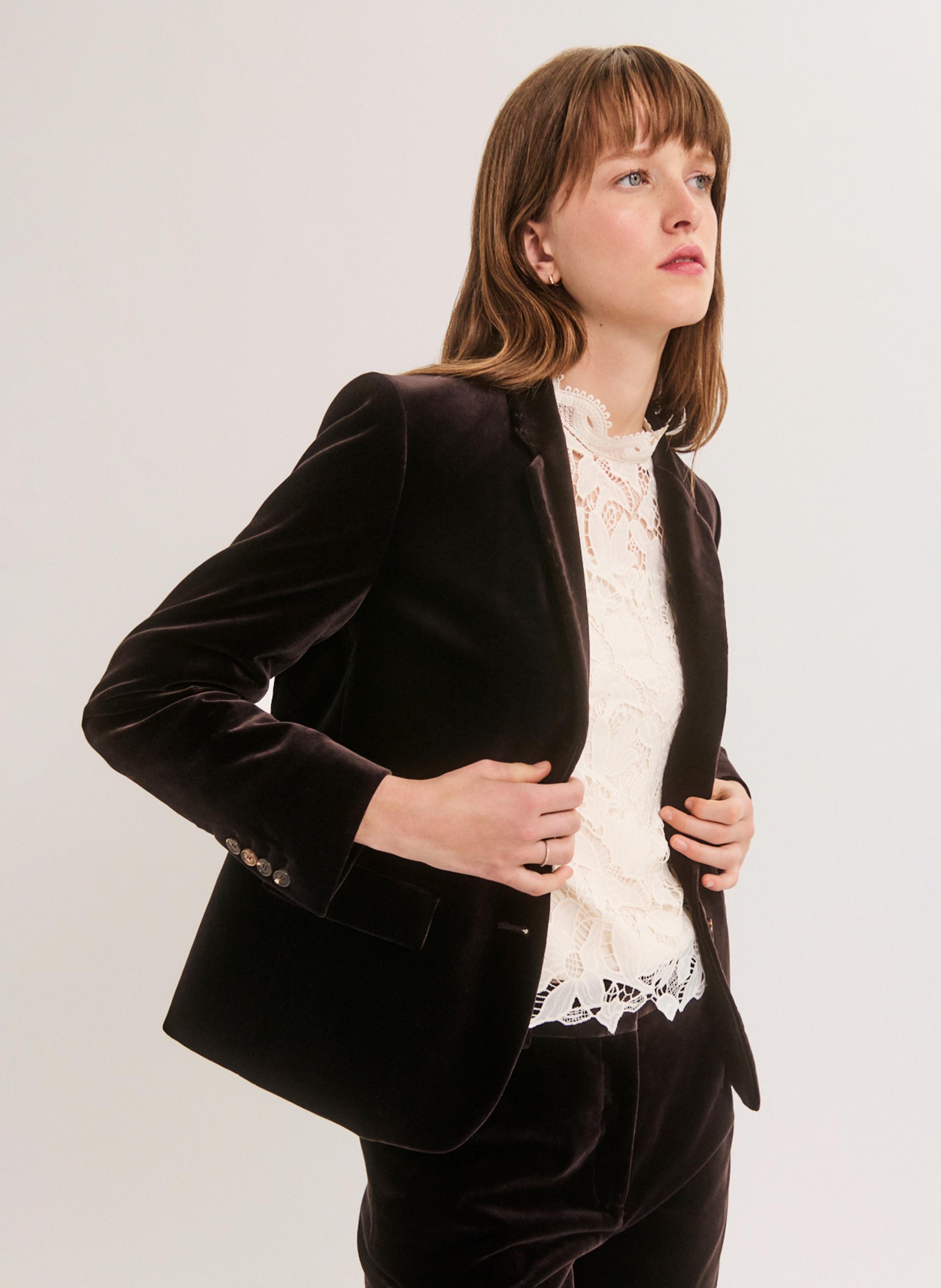 Blazer cintré en velours lisse de coton mélangé PABLO Marron