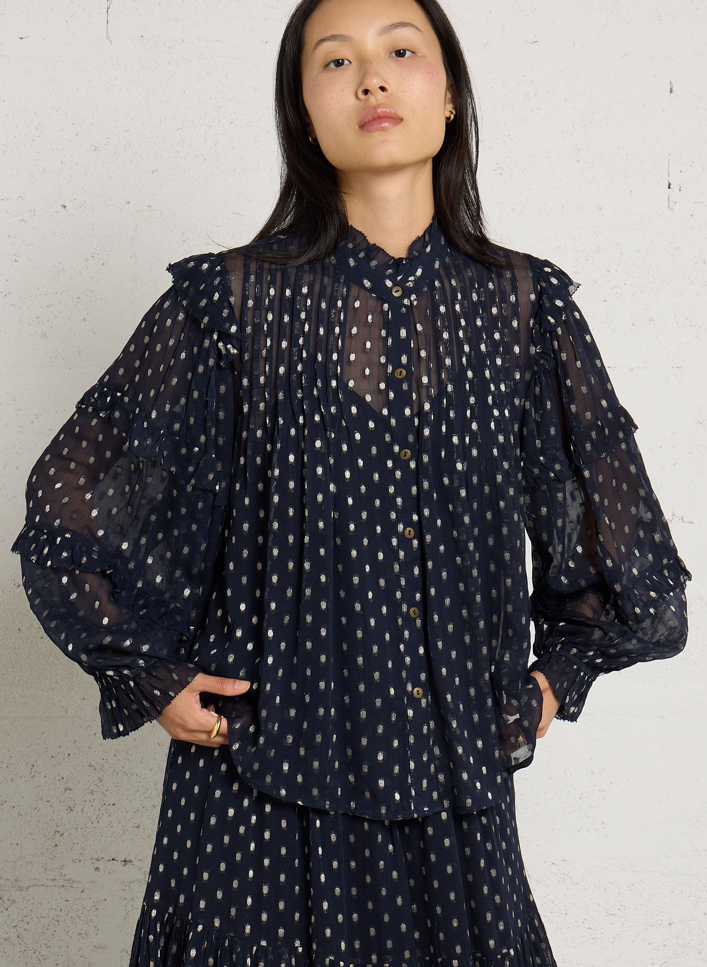 Doorschijnende, soepele blouse van gemengd katoen MAISON HOTEL Blauw