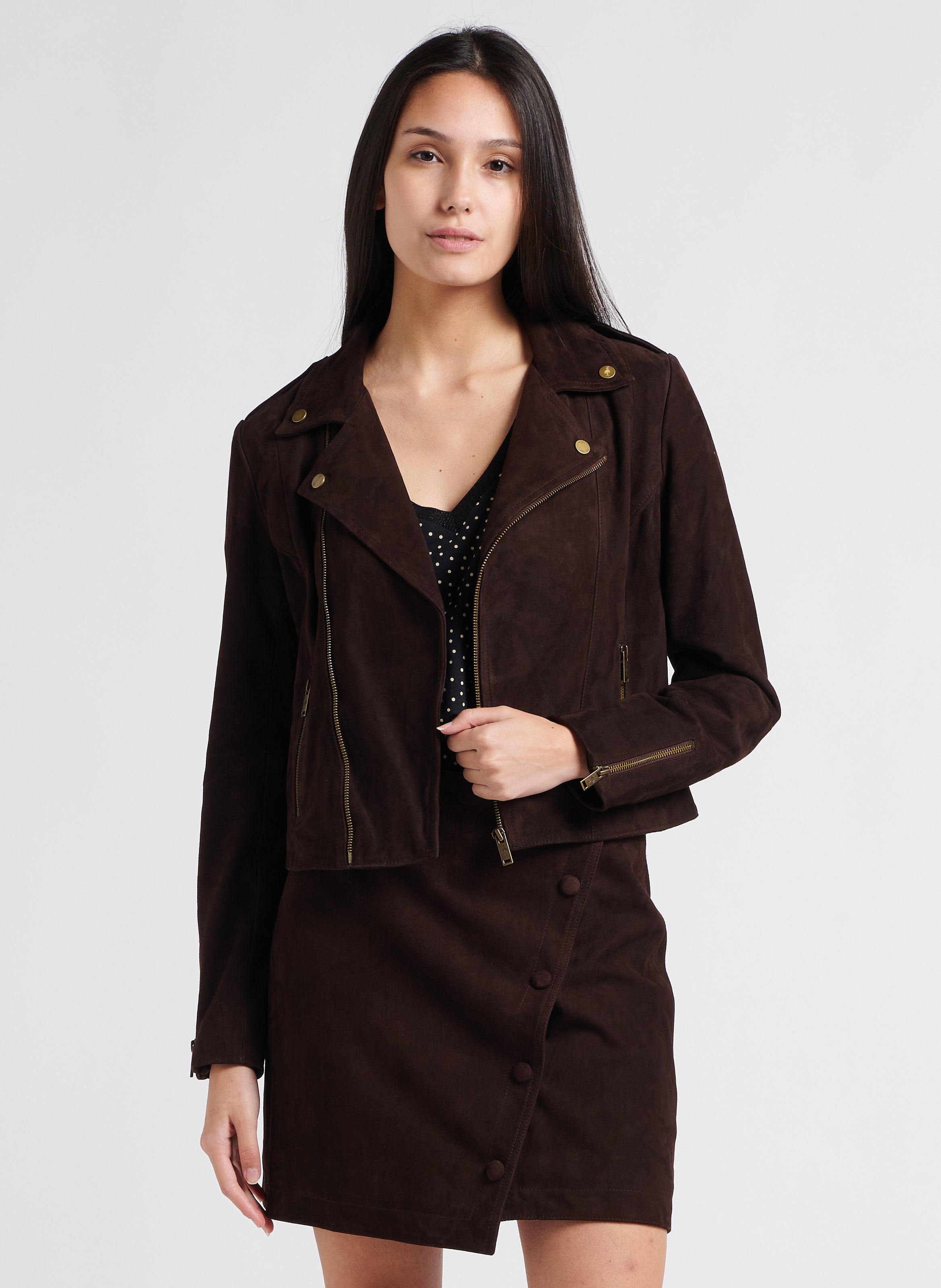 Brown Cropped suede jacket with tailored collar