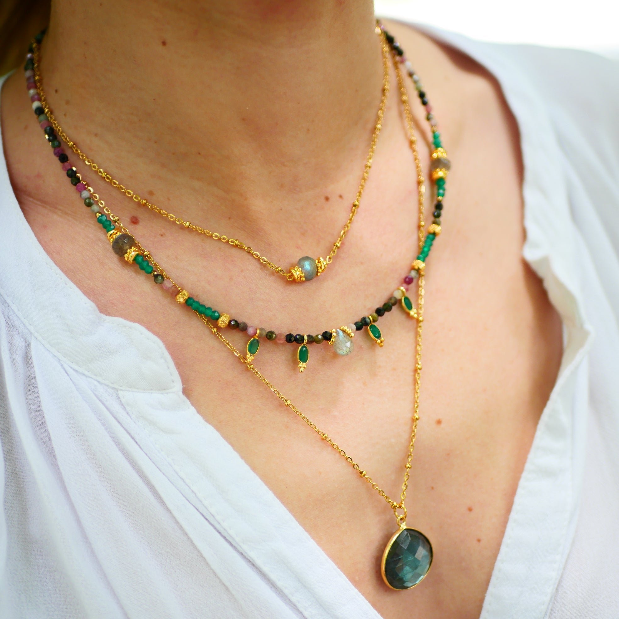 Collier onyx vert et tourmaline Multicolore